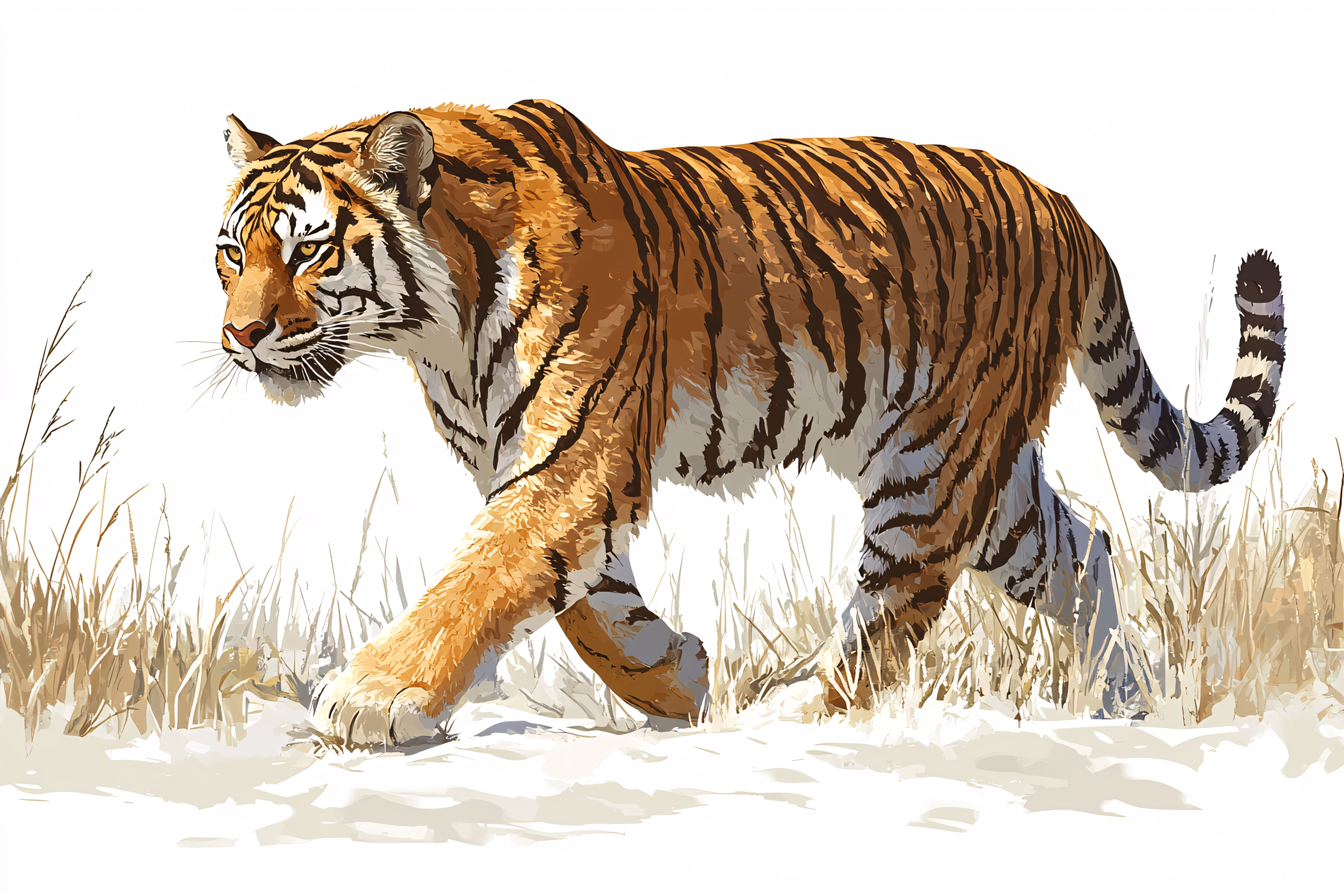 Majestic Tiger Walking in Winter Grass
