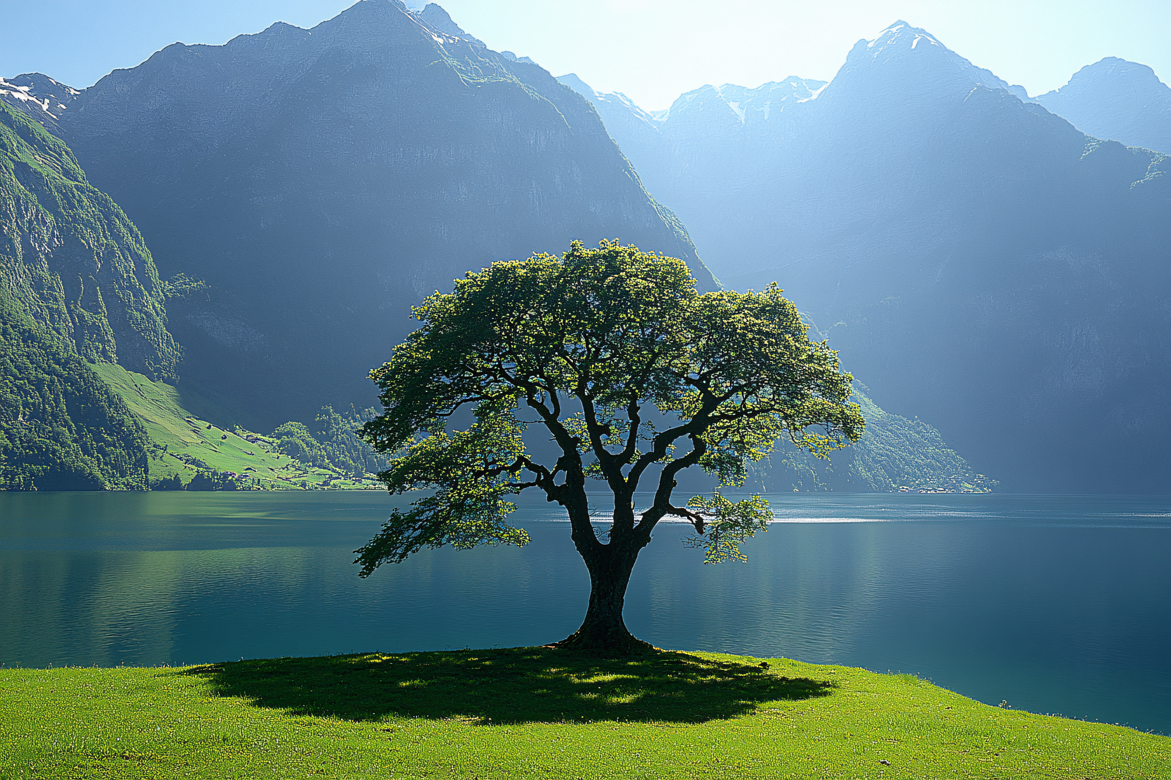 Majestic Tree by Lake With Mountains