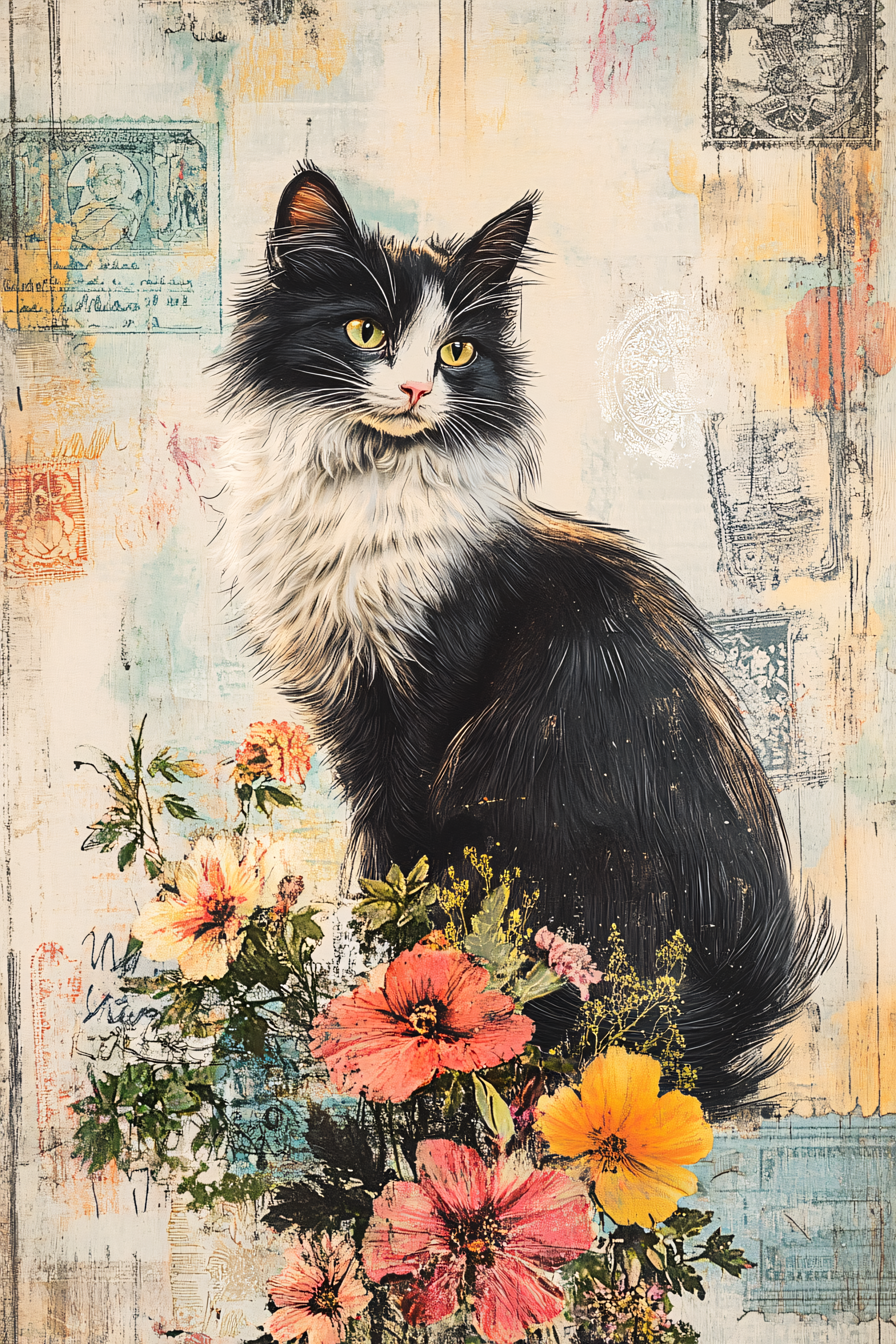 Majestic Tuxedo Cat Among Vintage Floral