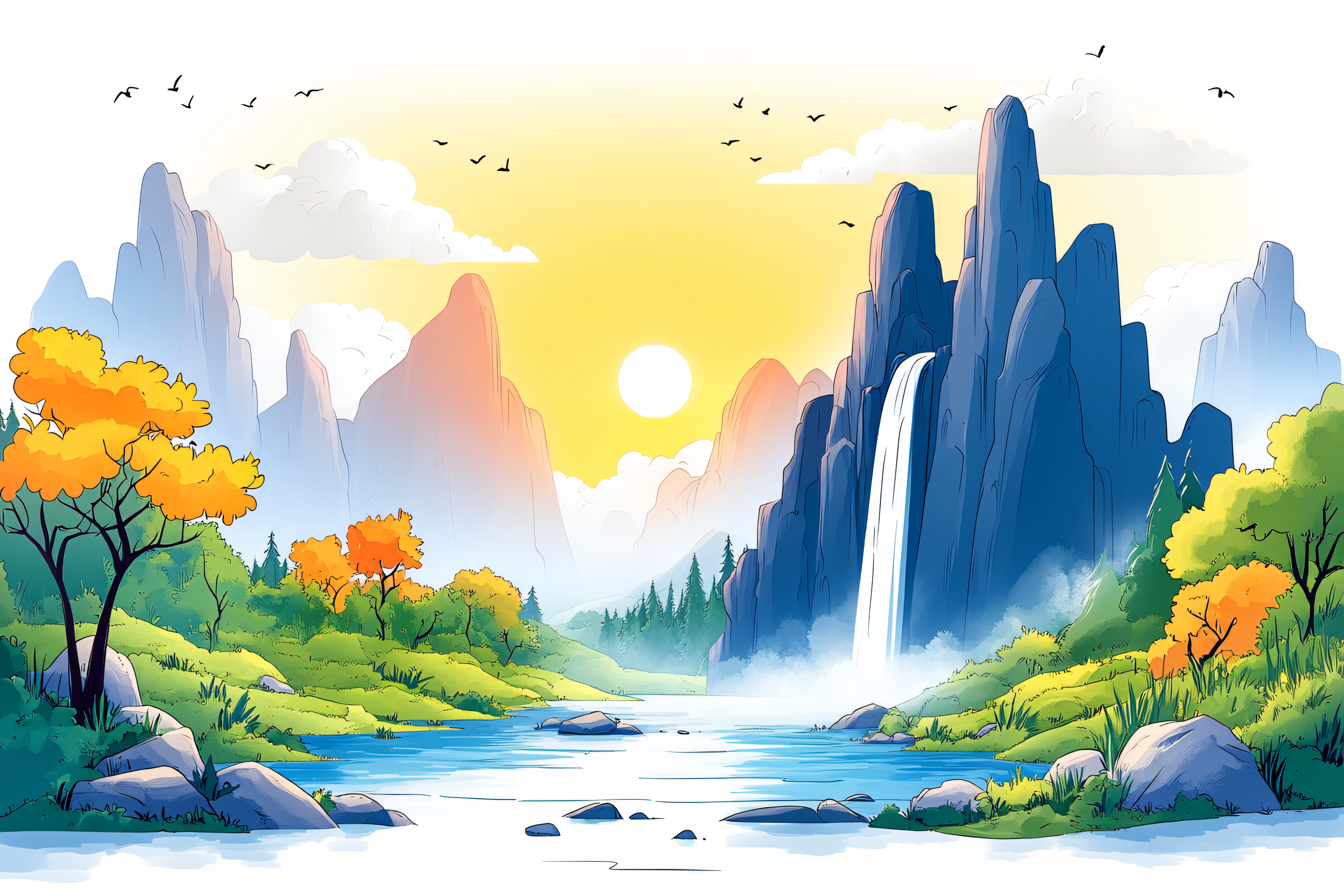 Majestic Waterfall Landscape at Sunset