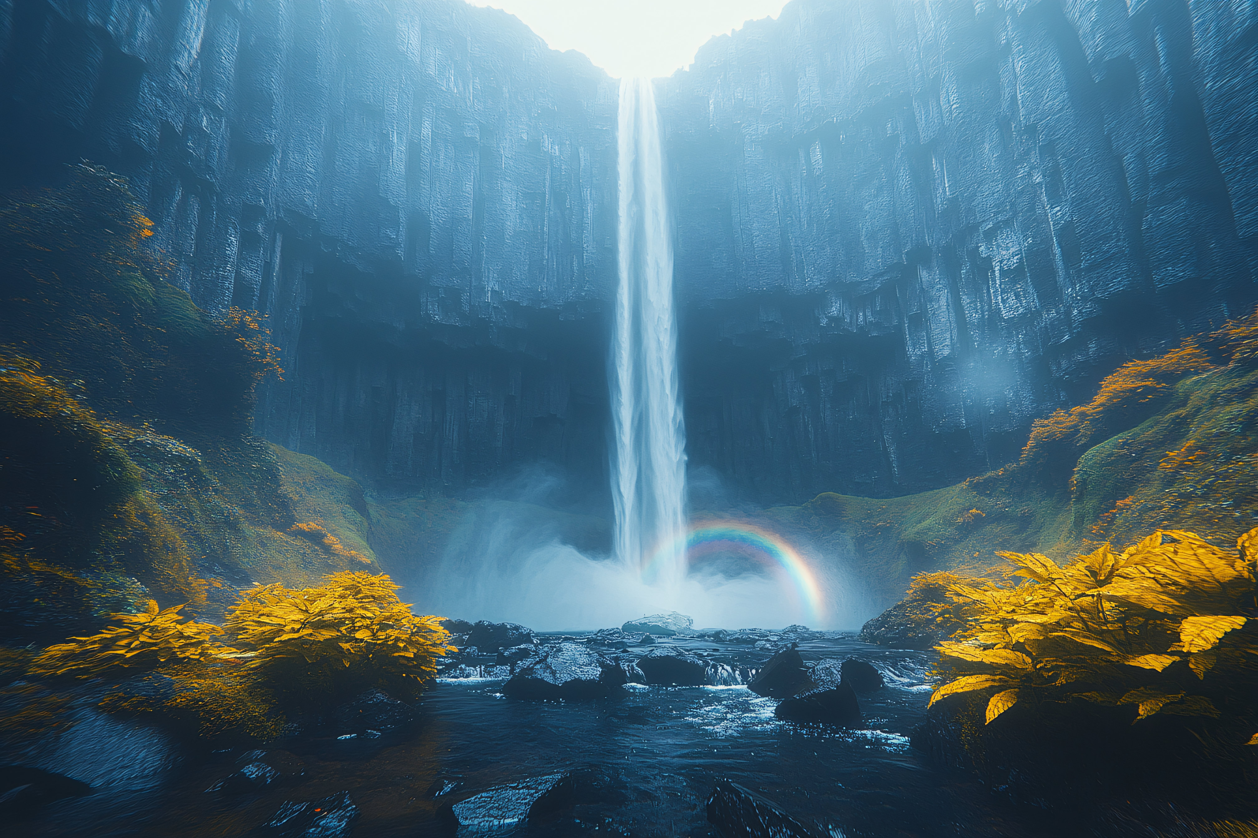 Majestic Waterfall Scene With Rainbow