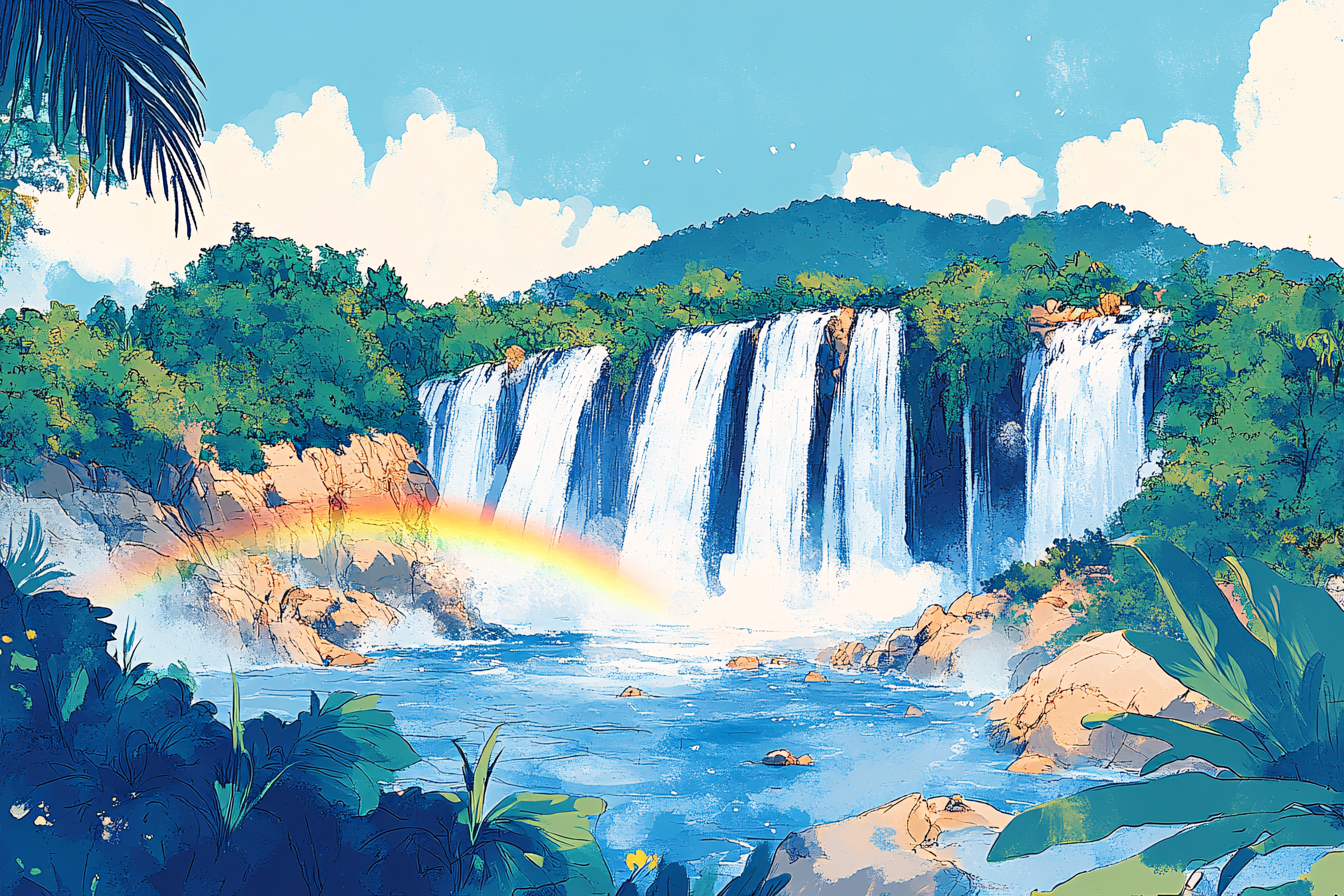 Majestic Waterfall With Rainbow