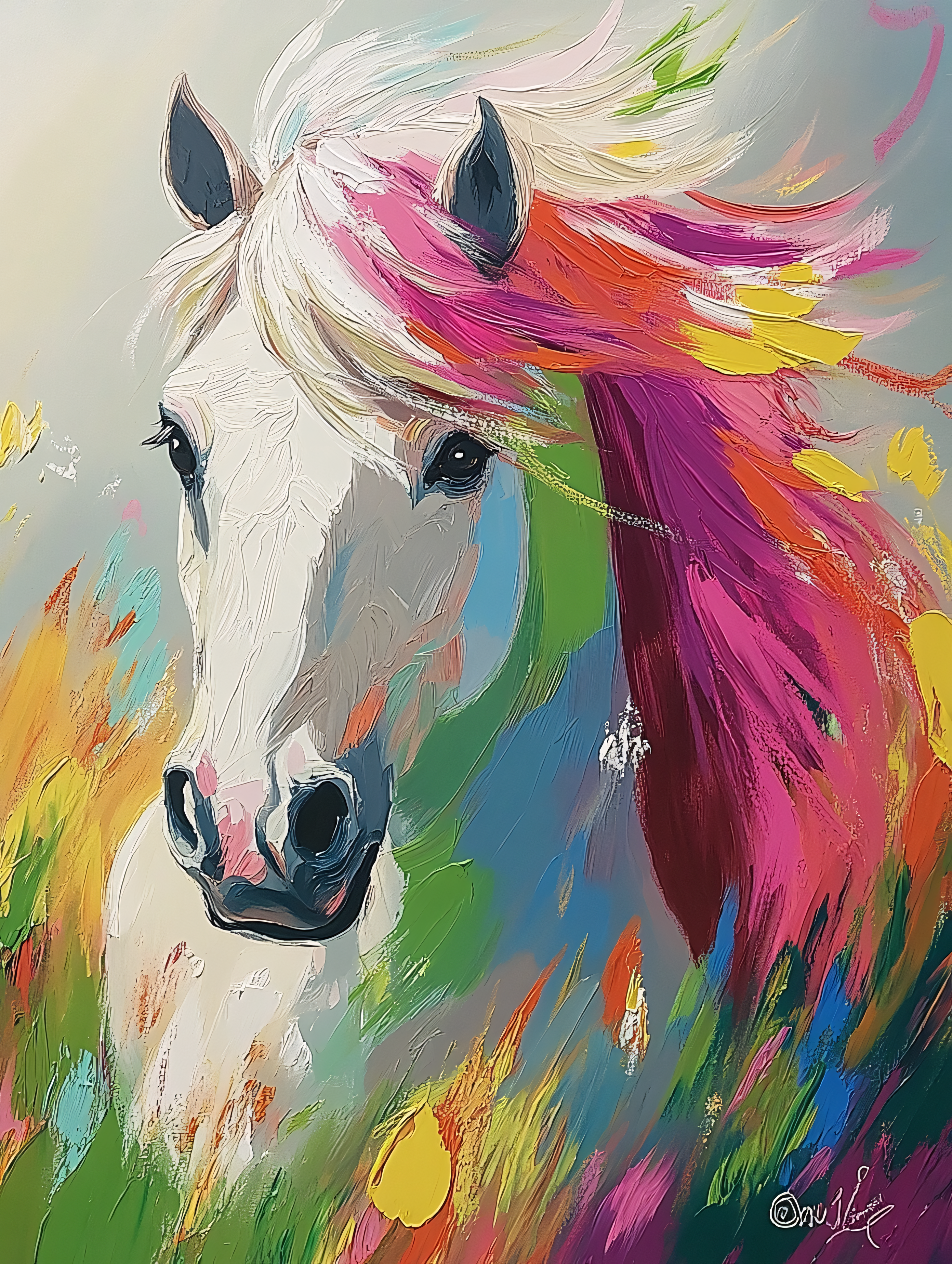 Majestic White Horse with Colorful Mane