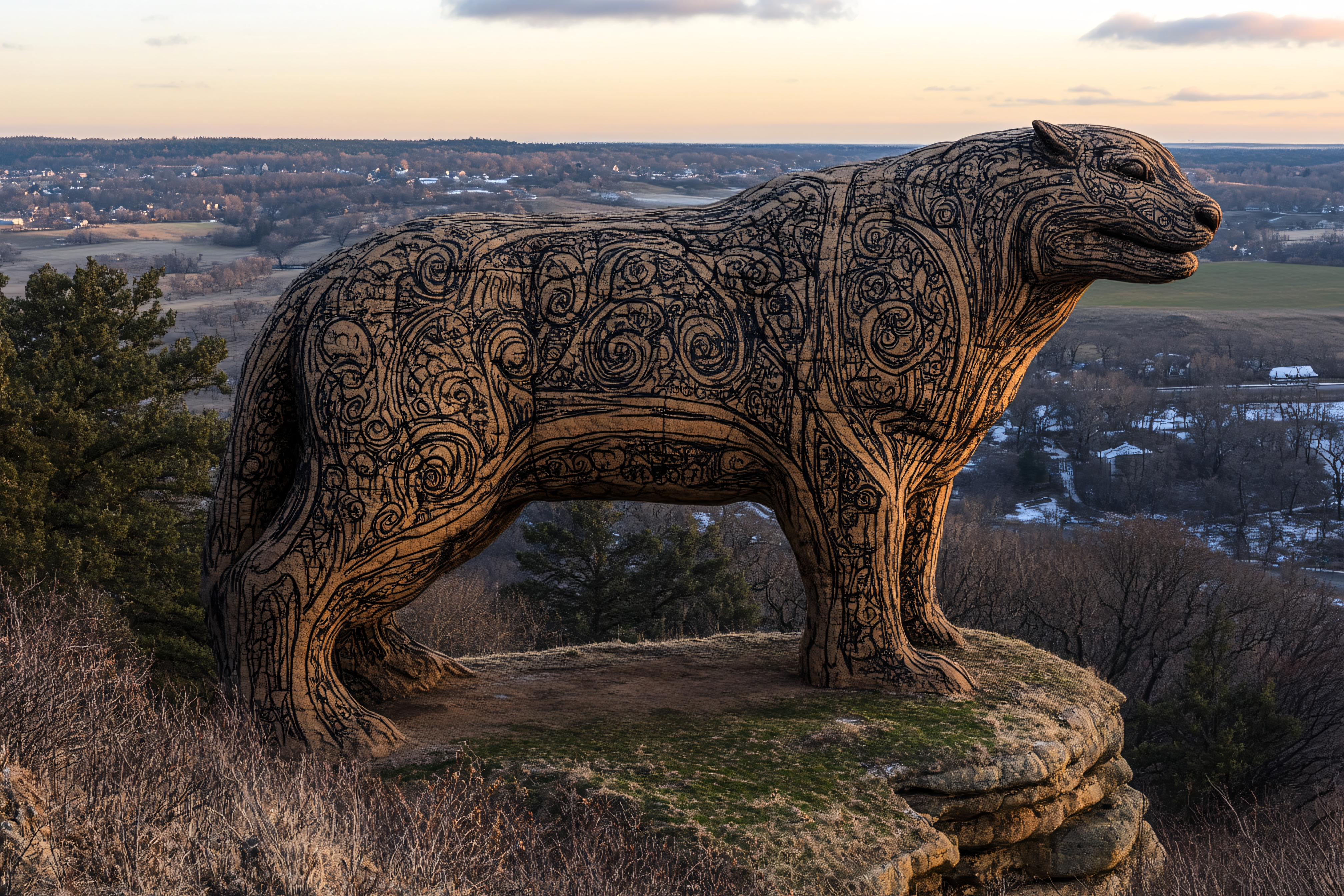Majestic Wooden Cougar Sculpture Overlooking Scenic Landscape