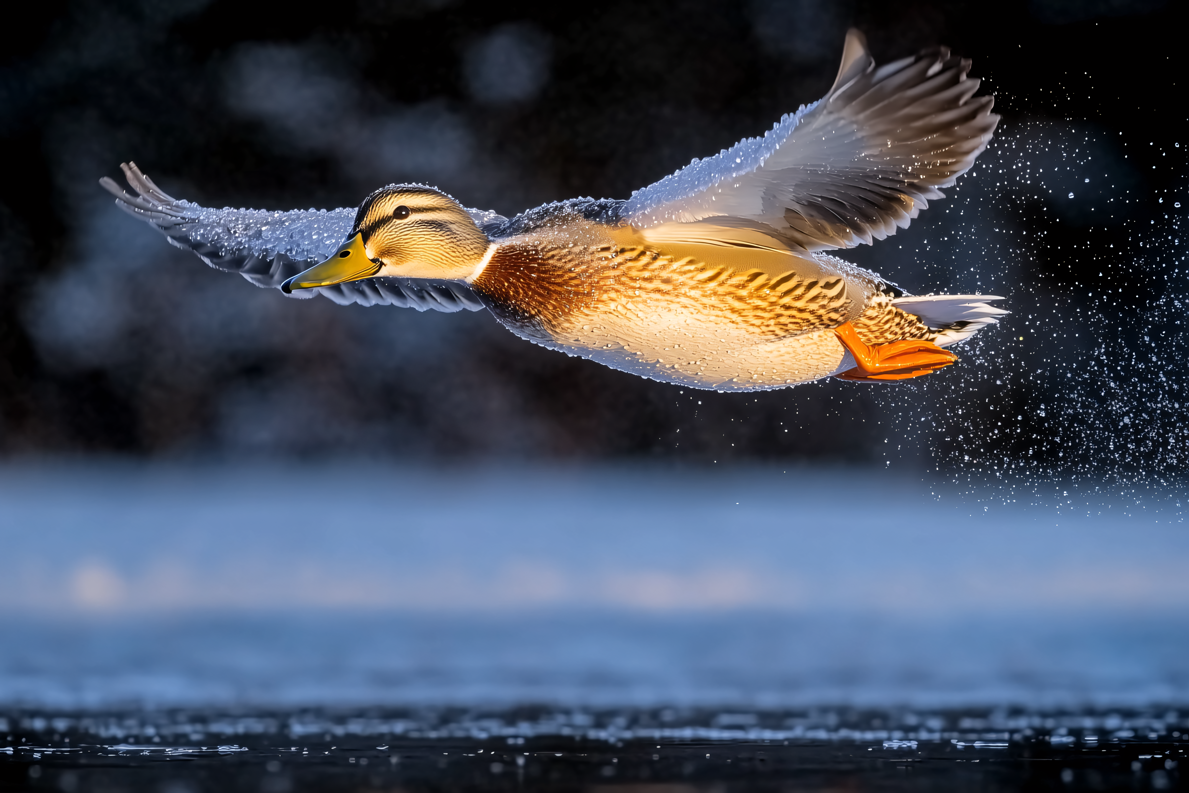 Mallard Duck in Flight Over Water