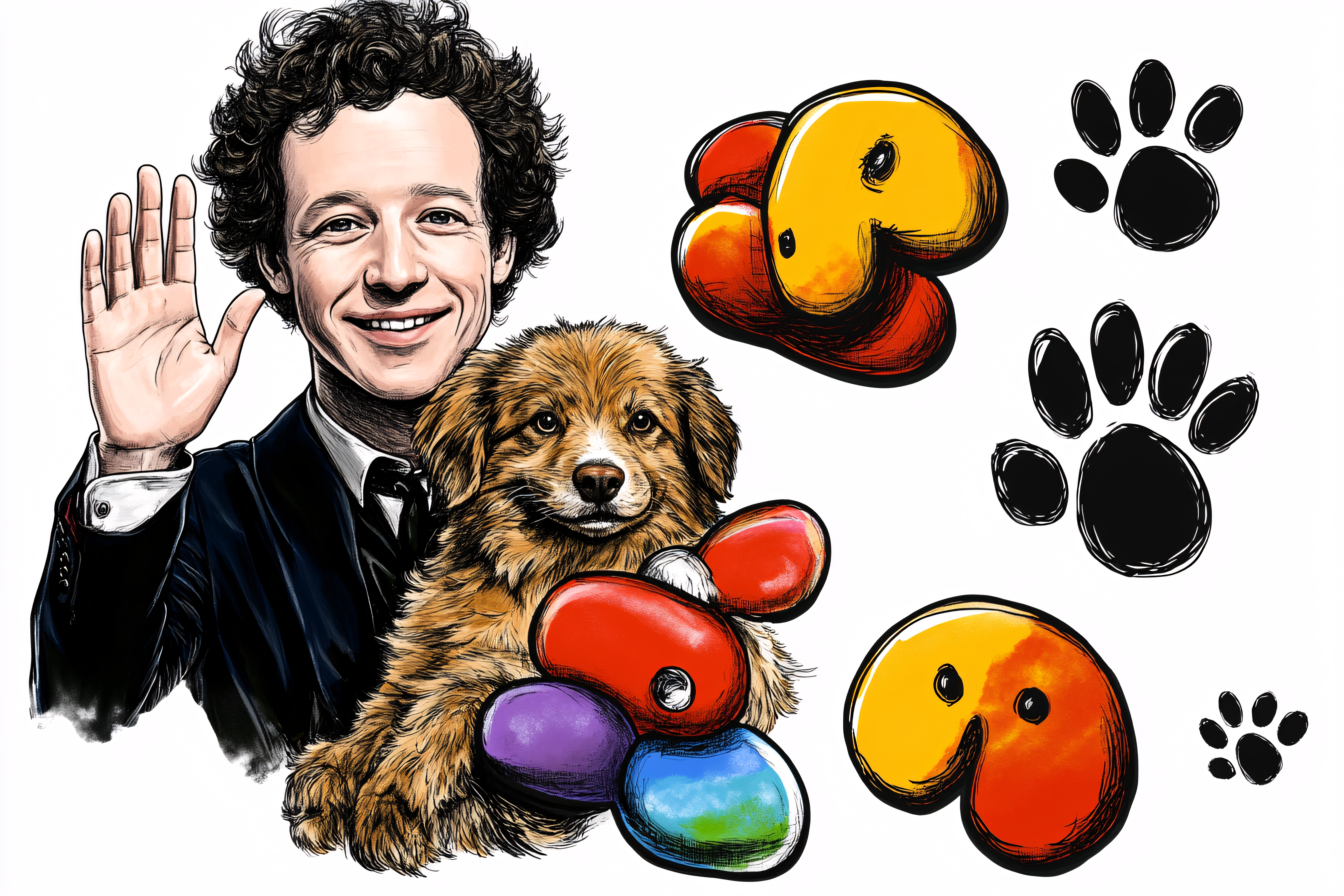 Man and Dog with Colorful Shapes and Paw Prints