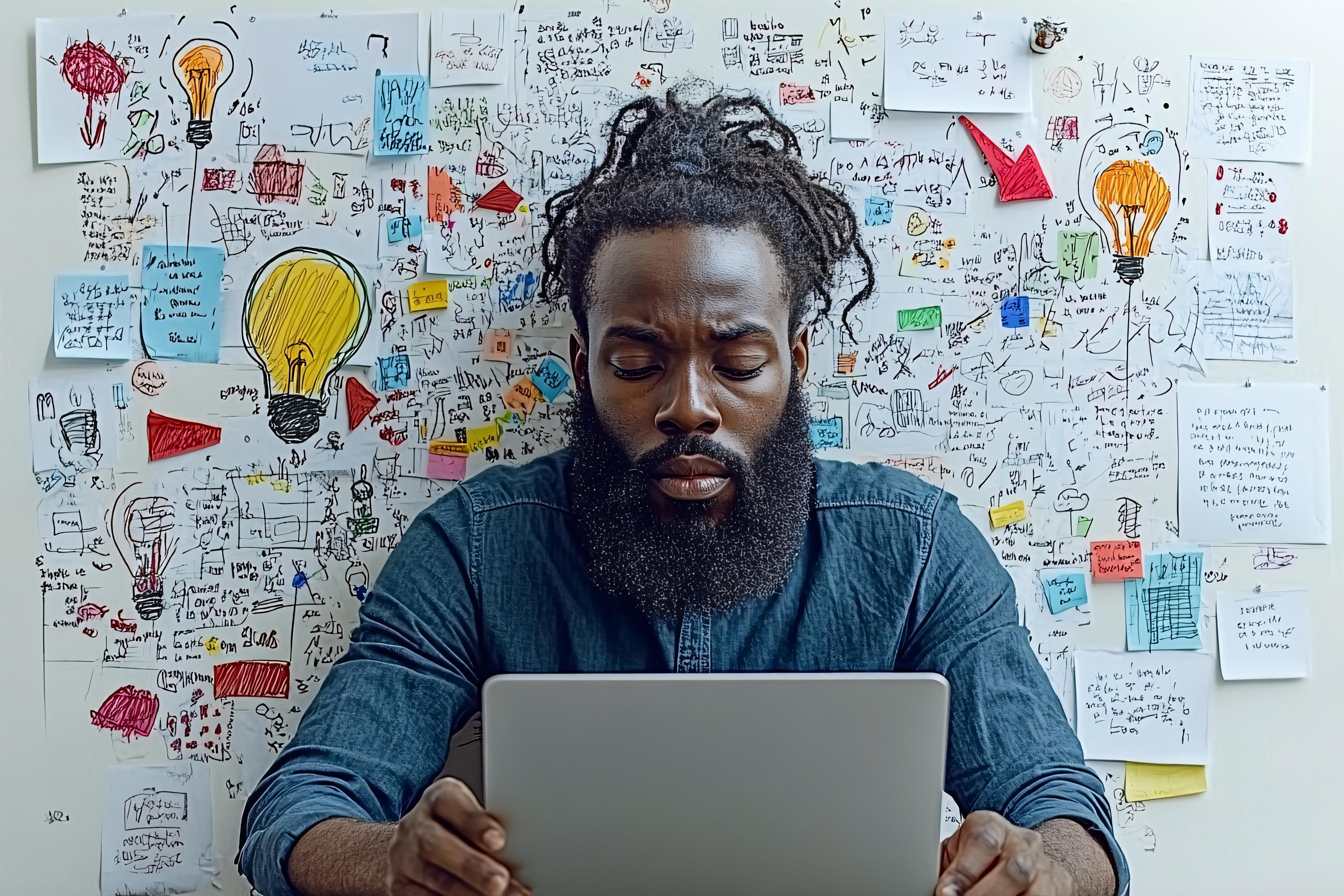 Man Brainstorming Ideas on Laptop