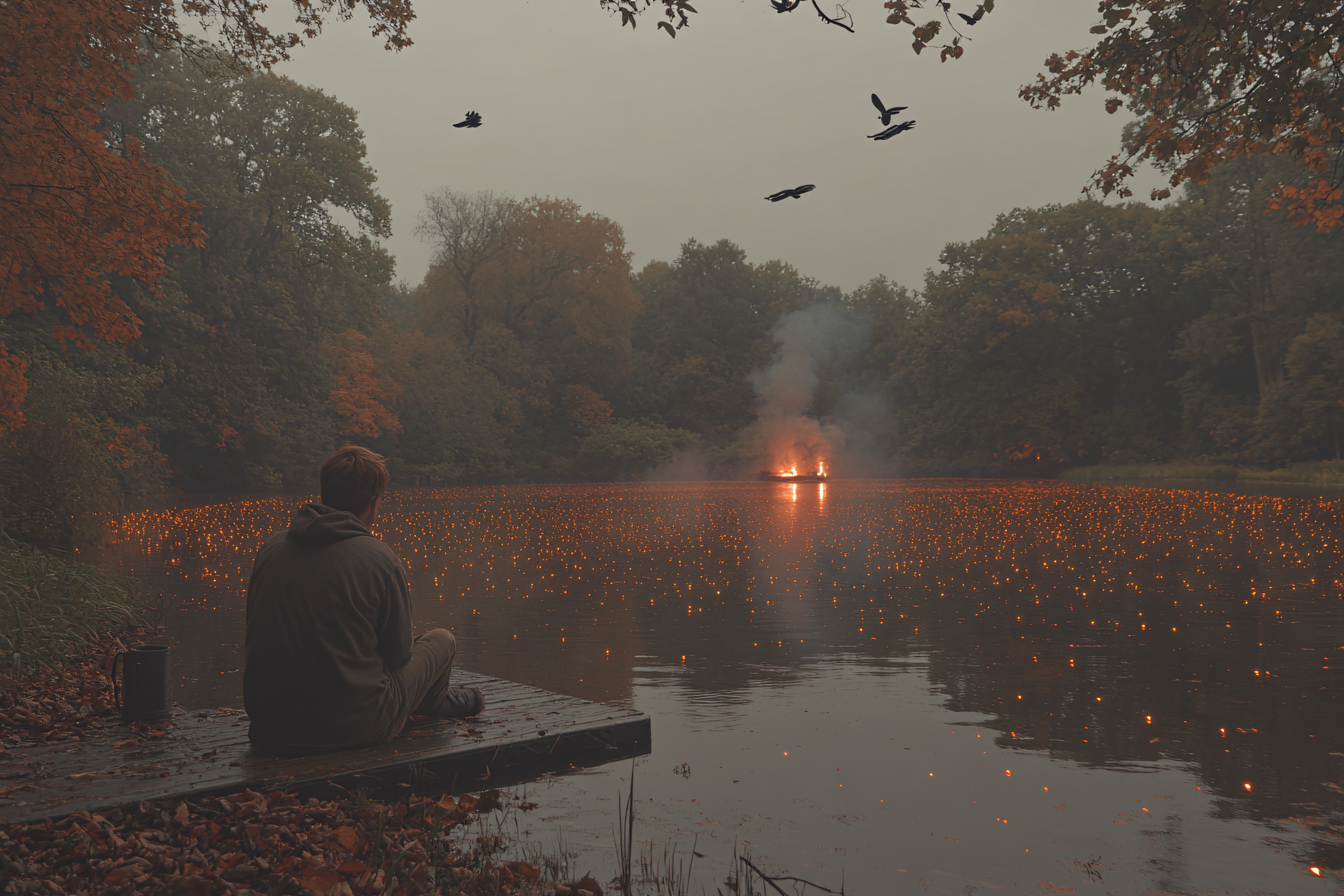 Man Contemplating Burning Lake