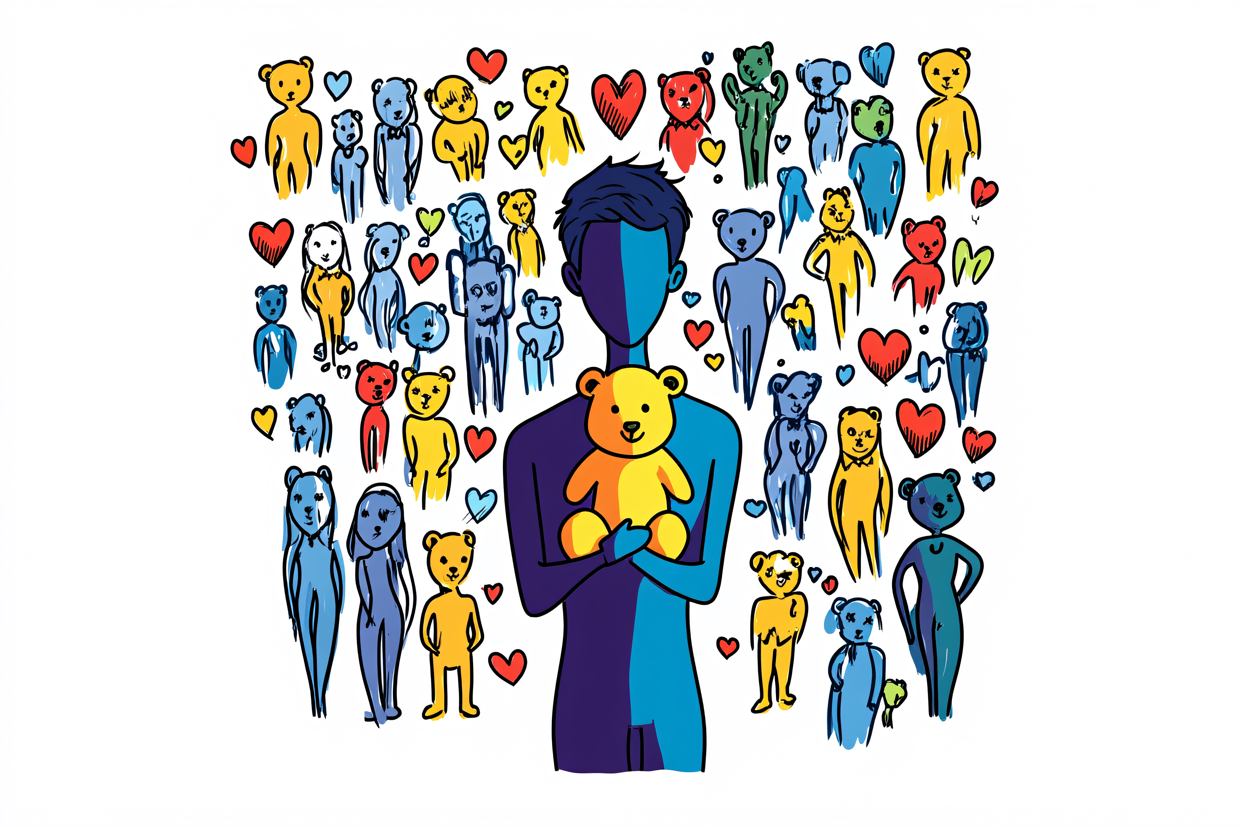 Man Holding Teddy Bear Surrounded by Bear-Like Figures