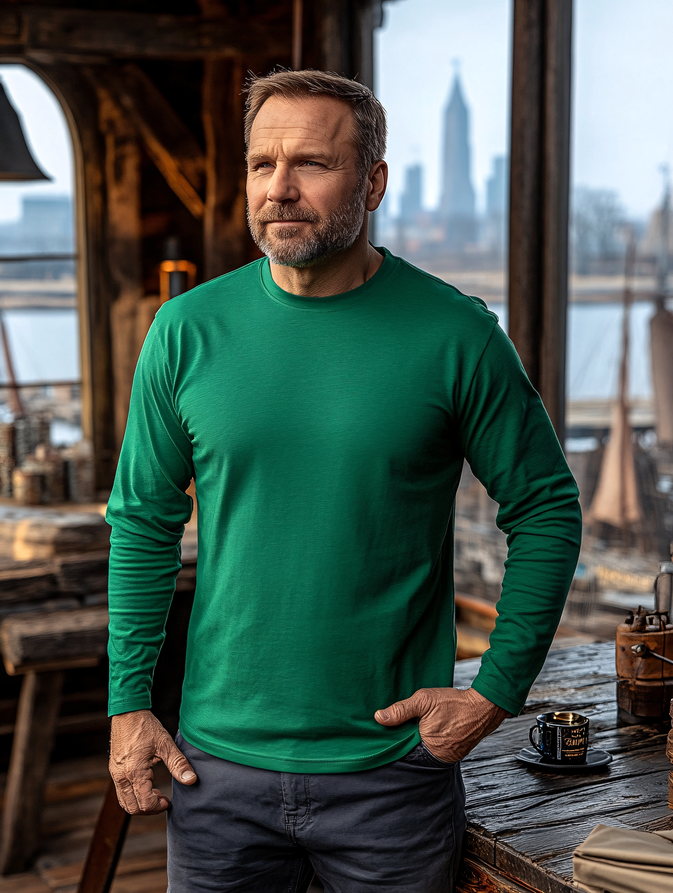 Man In Green Shirt In Rustic Setting