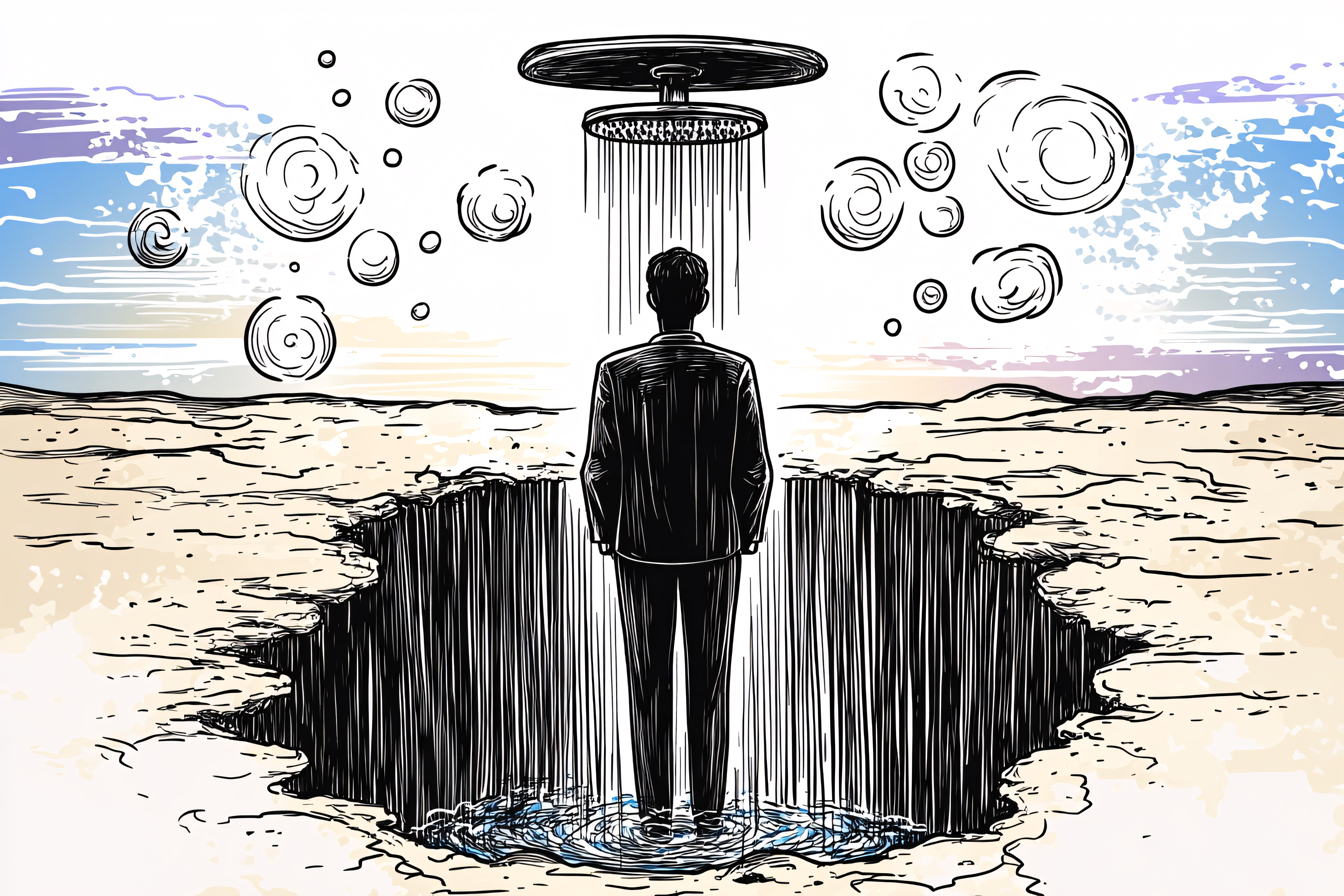 Man in Shower Amidst a Chasm