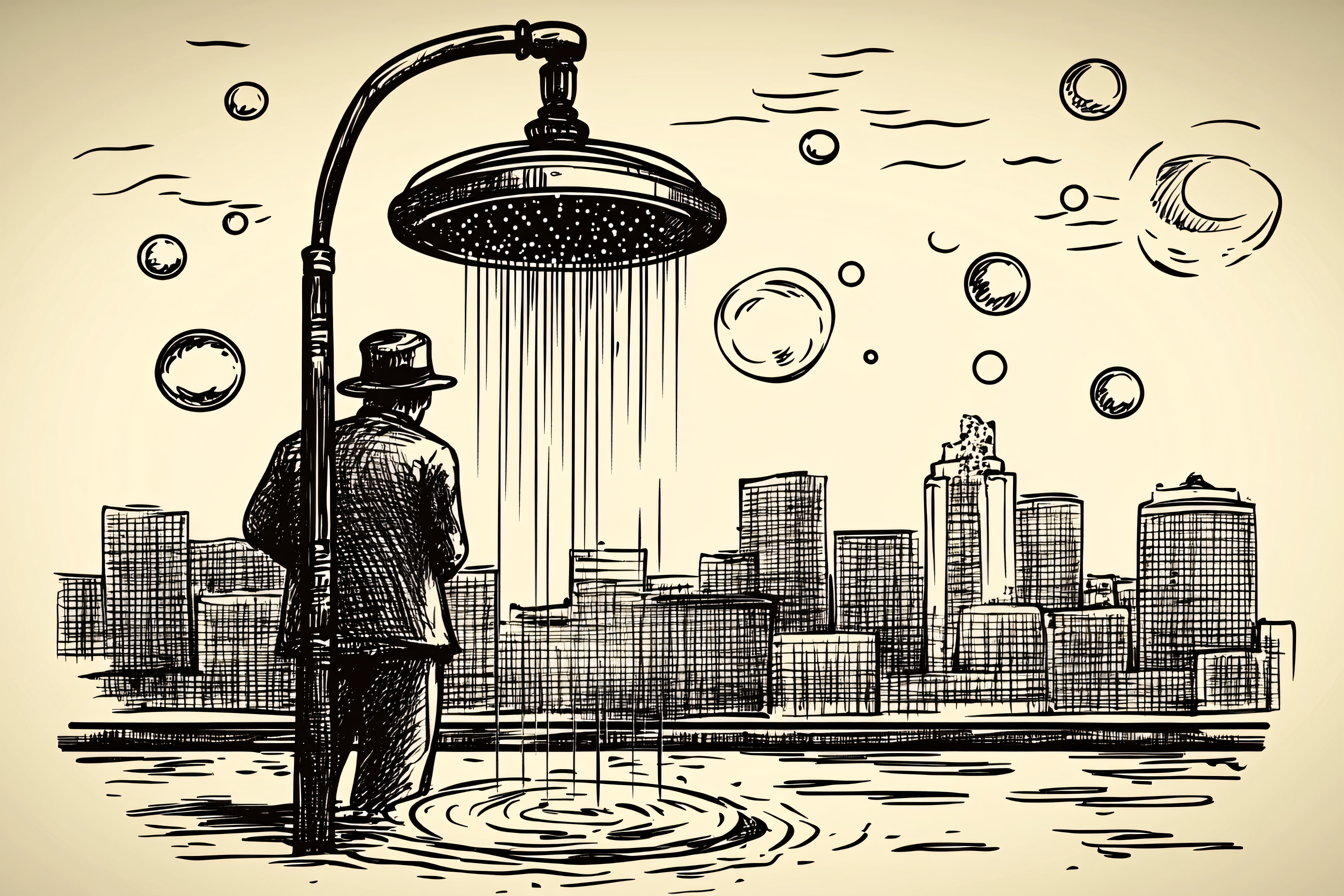 Man in Shower with City Skyline