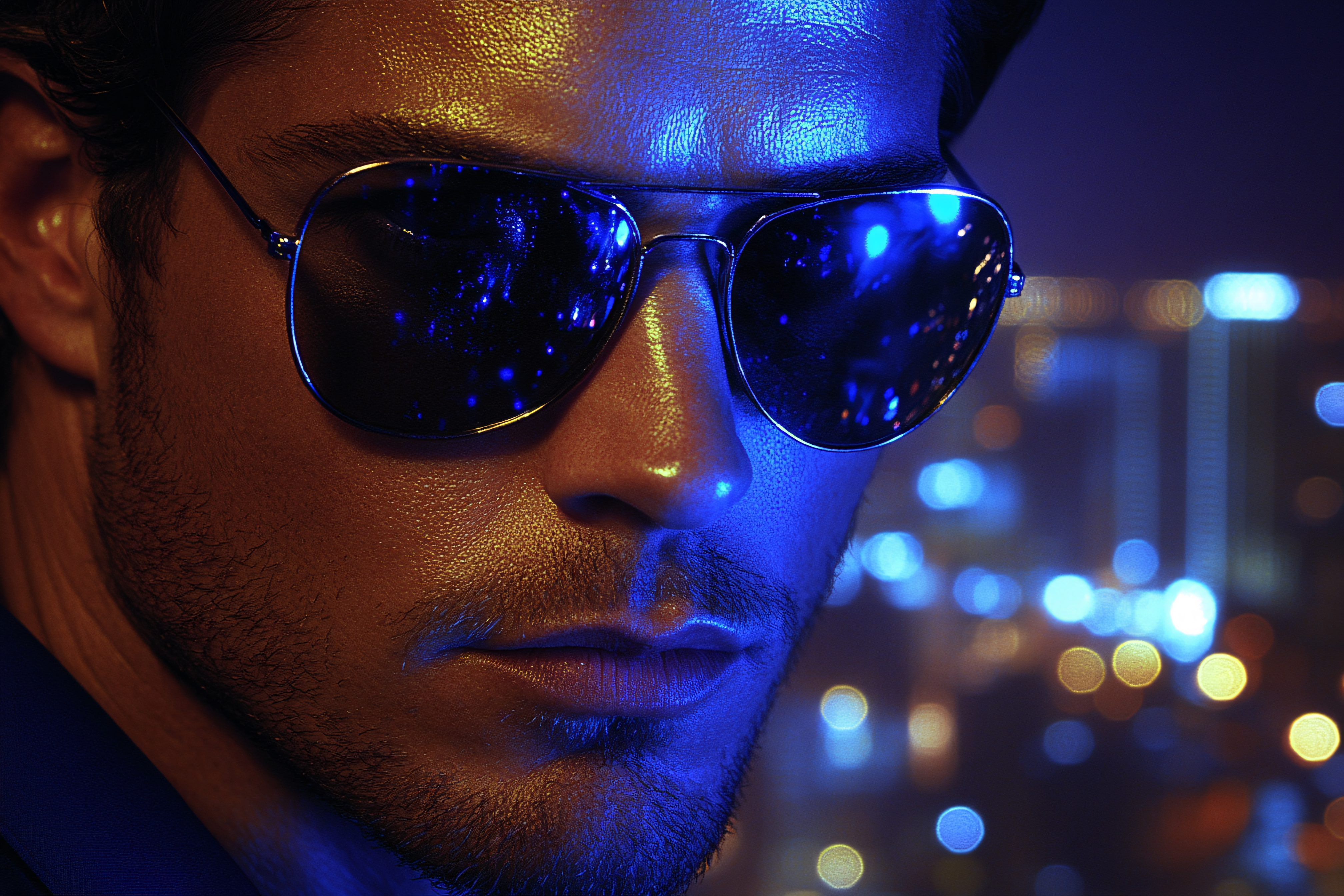 Man in Sunglasses with City Lights Reflection