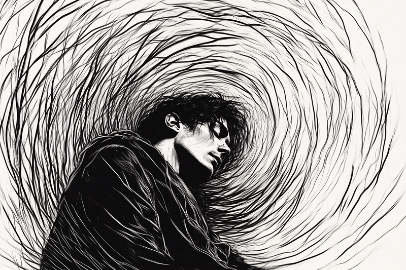 Man in Thought Surrounded by Swirls