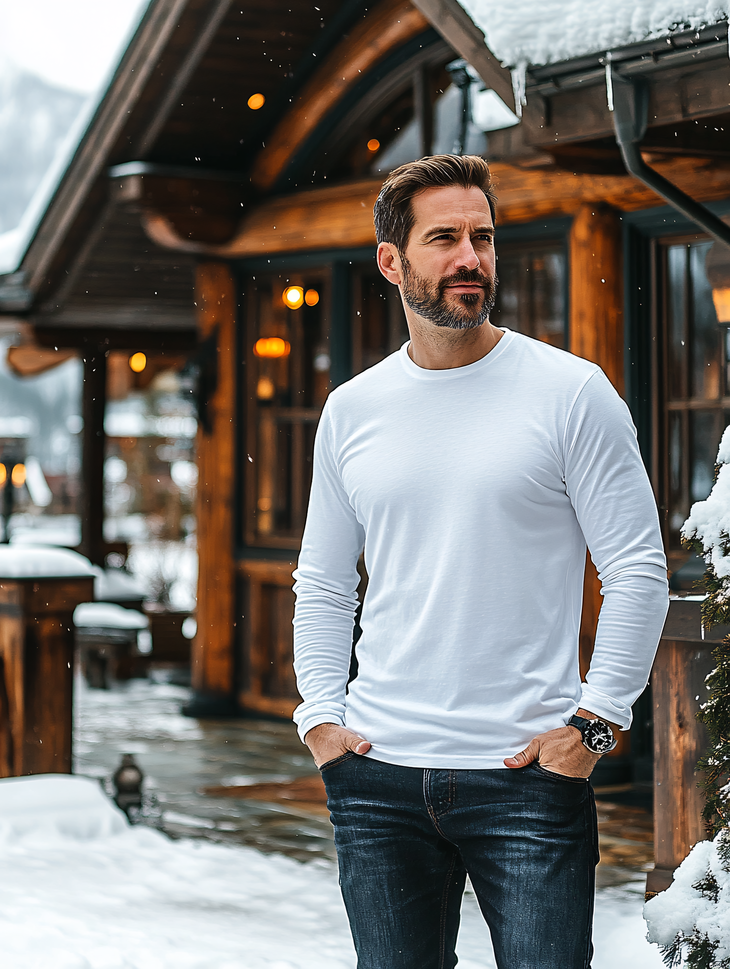 Man In White Shirt Standing In Snow