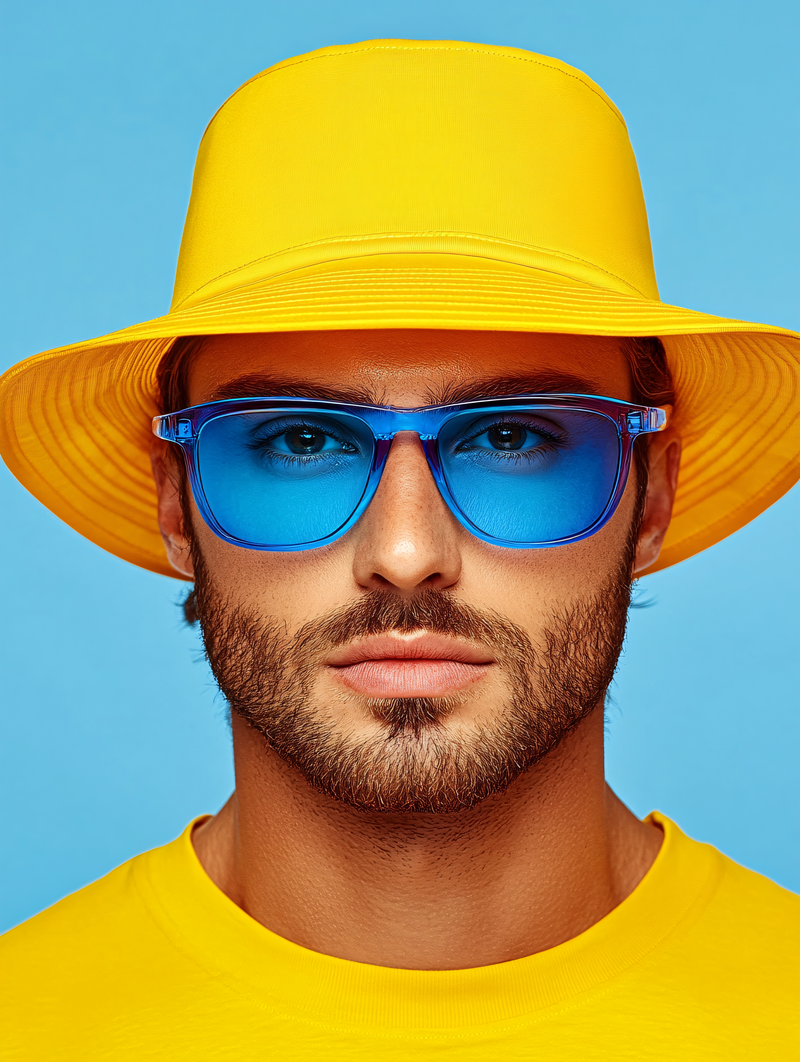 Man In Yellow Hat And Blue Glasses