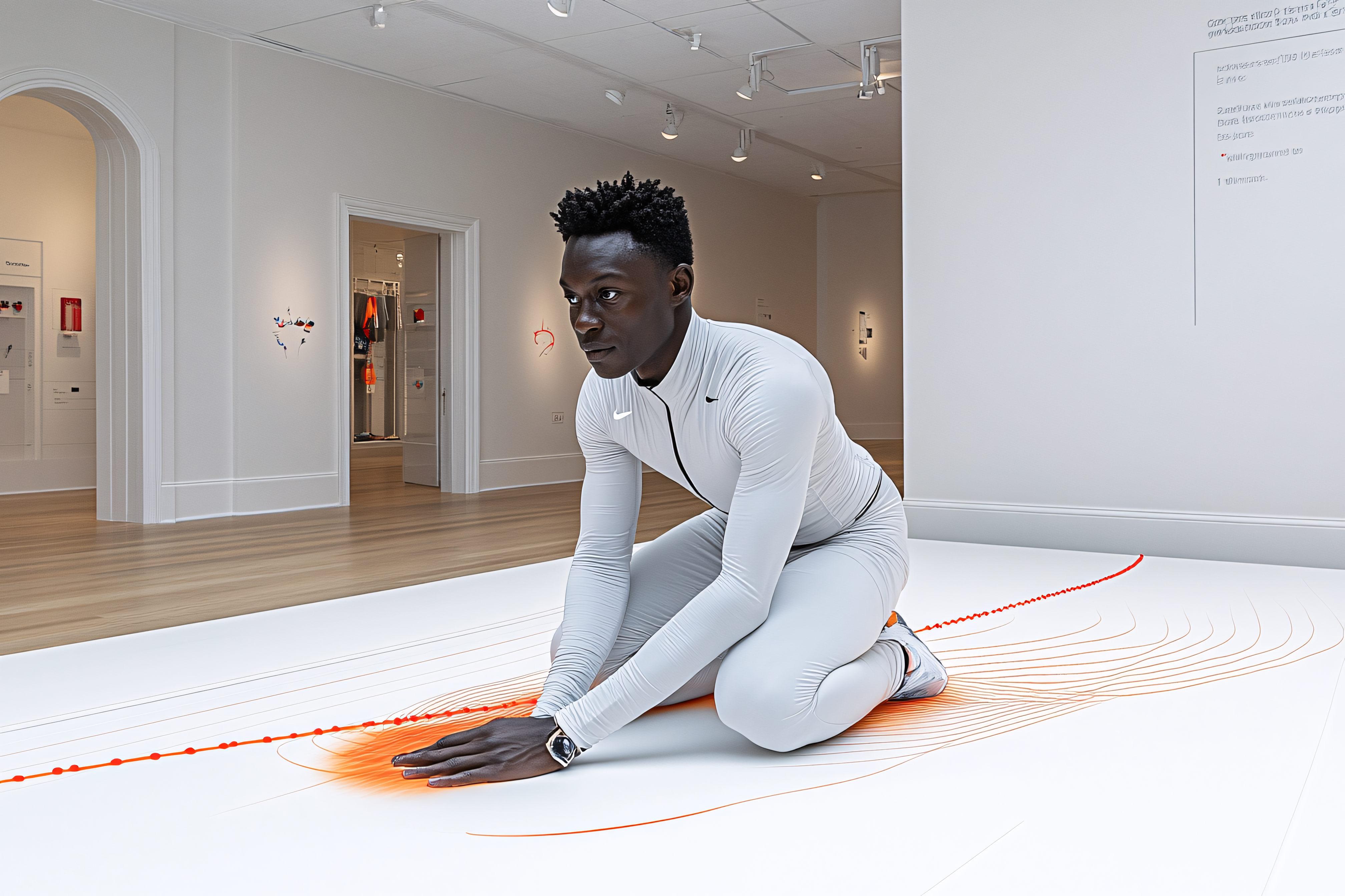 Man Kneeling On Floor Graphic In Art Gallery