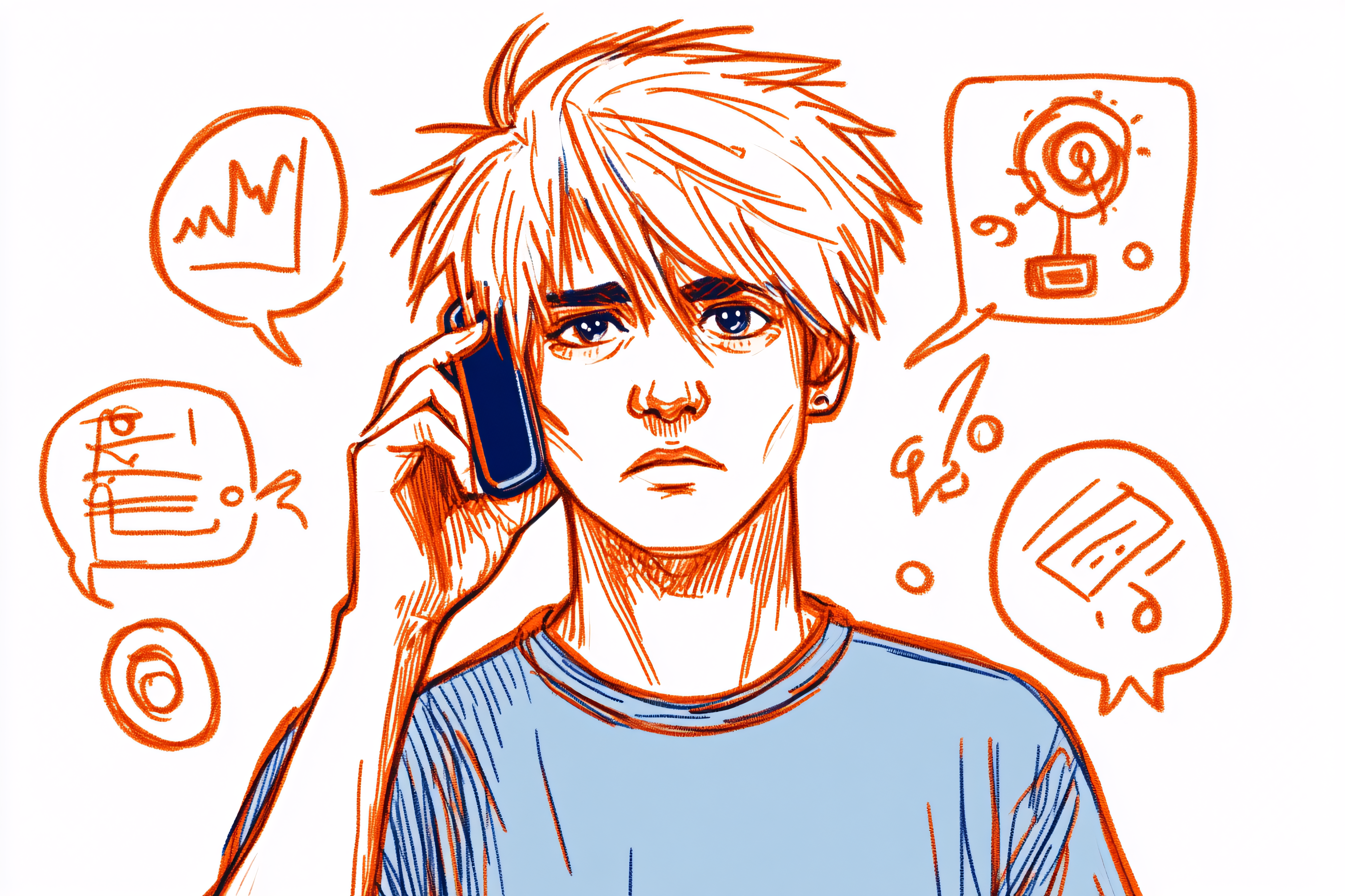 Man on Phone with Thought Bubbles