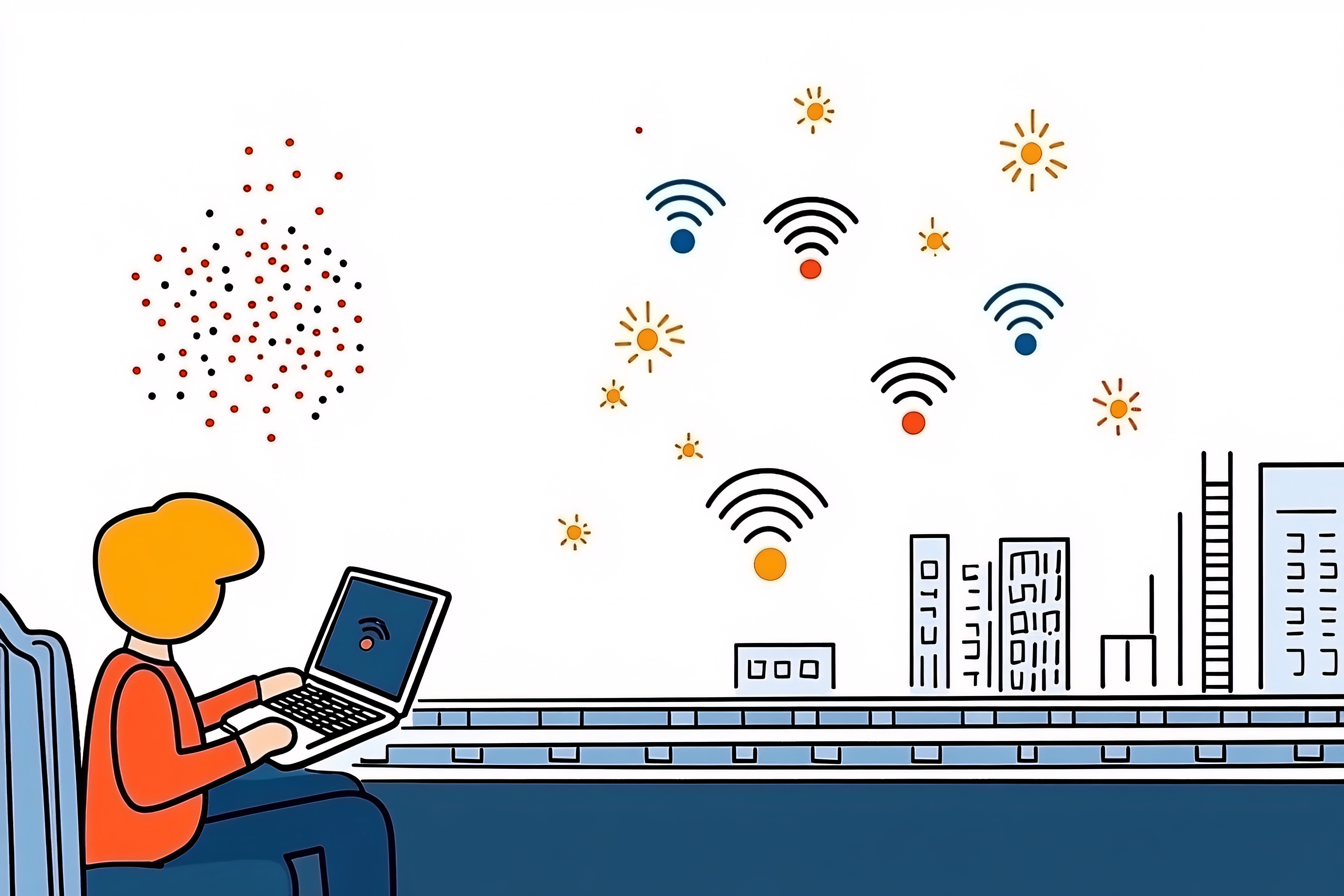 Man on Train Using Laptop Connected to Wi-Fi