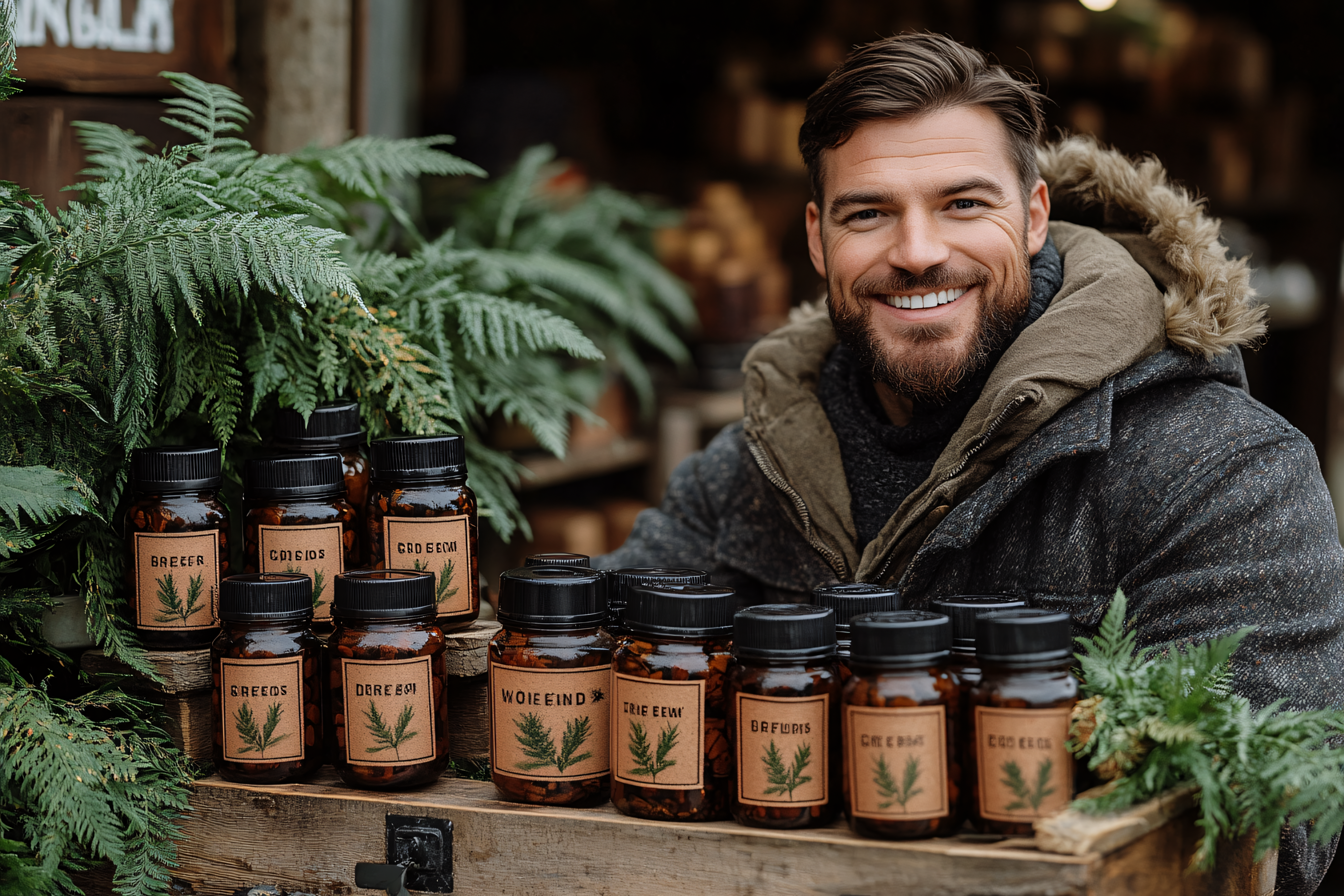Man Smiling at a Rustic Herb Display