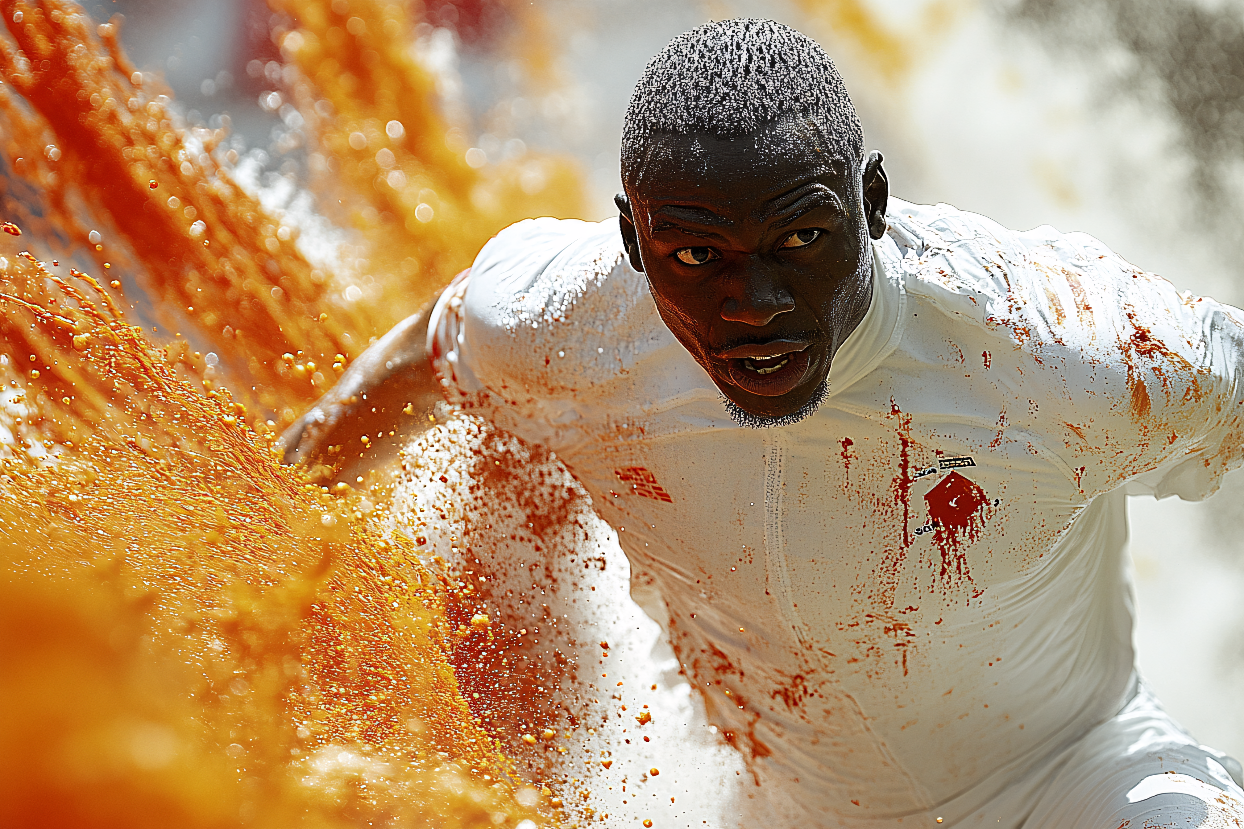 Man Splashed with Orange Liquid