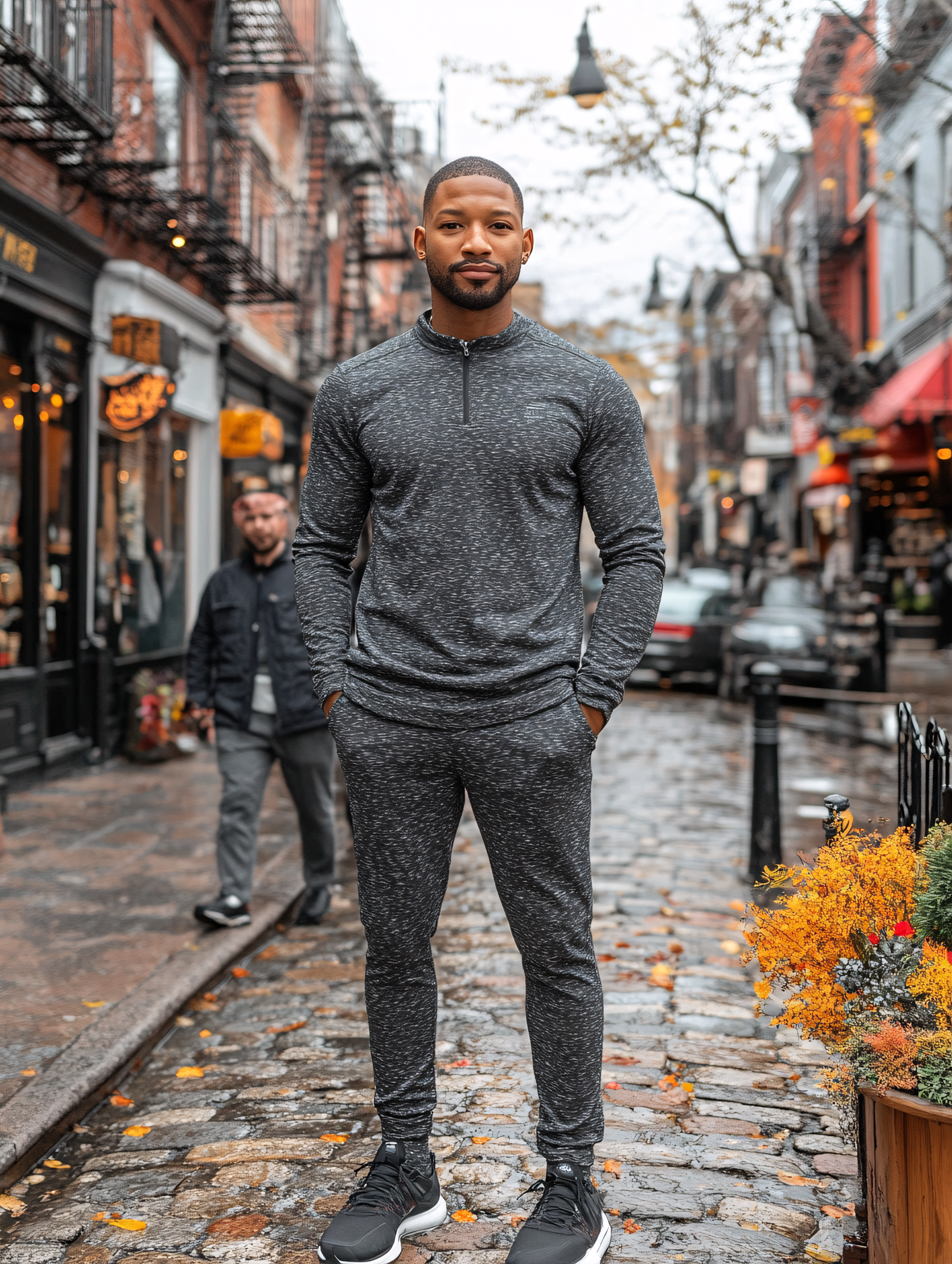 Man Standing On Cobblestone Street