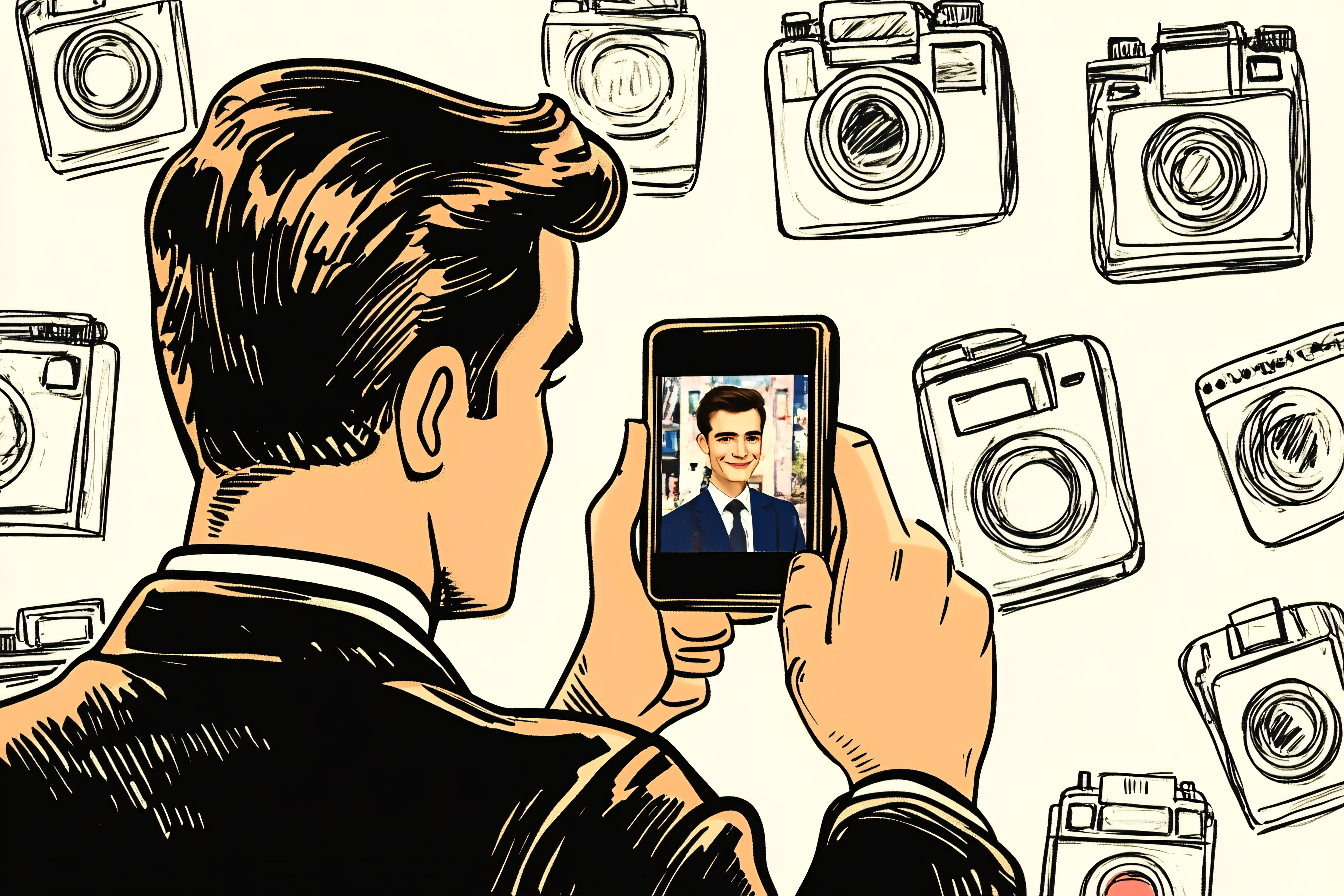 Man Taking a Selfie with Cameras in the Background