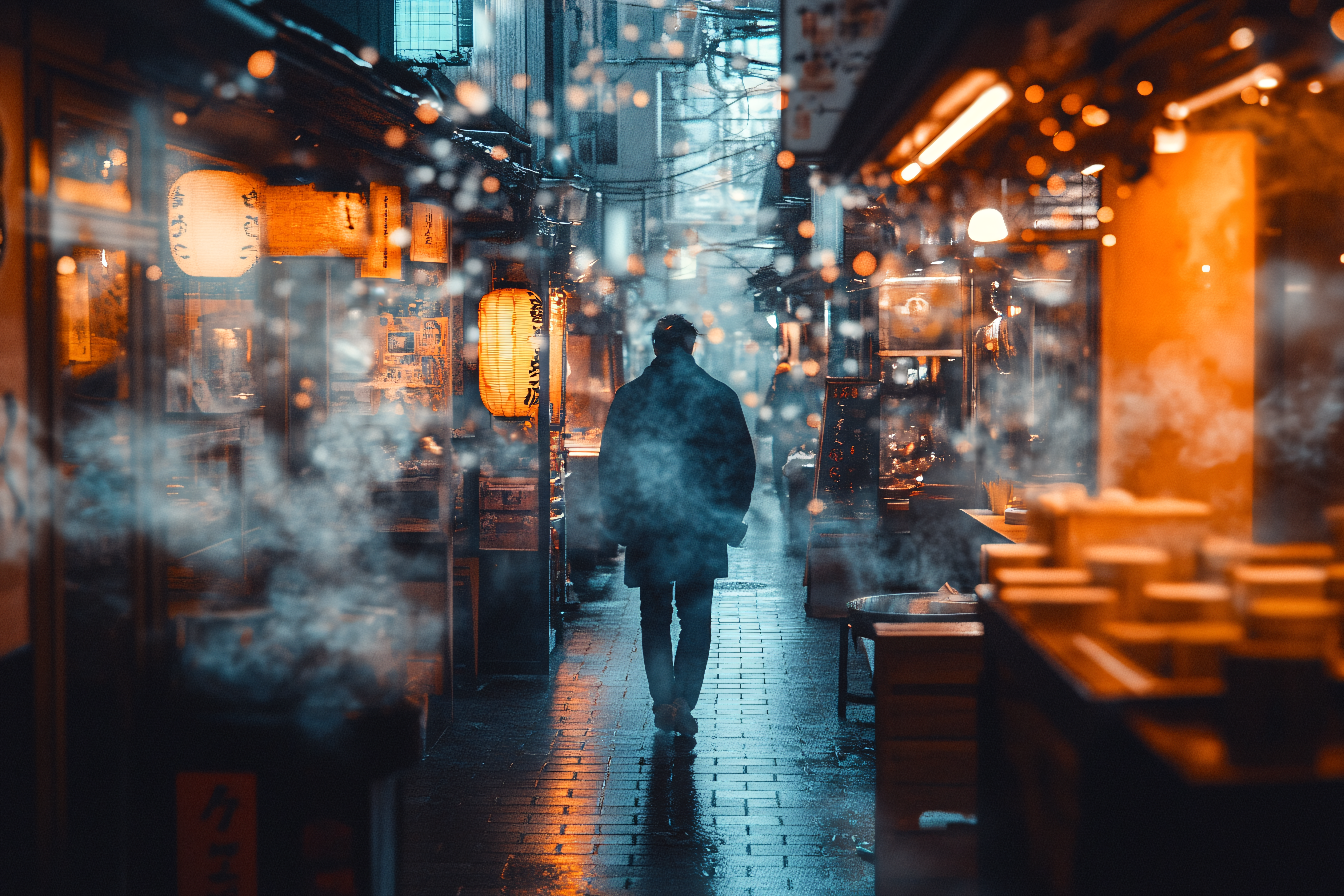 Man Walking Down a Misty Japanese Street
