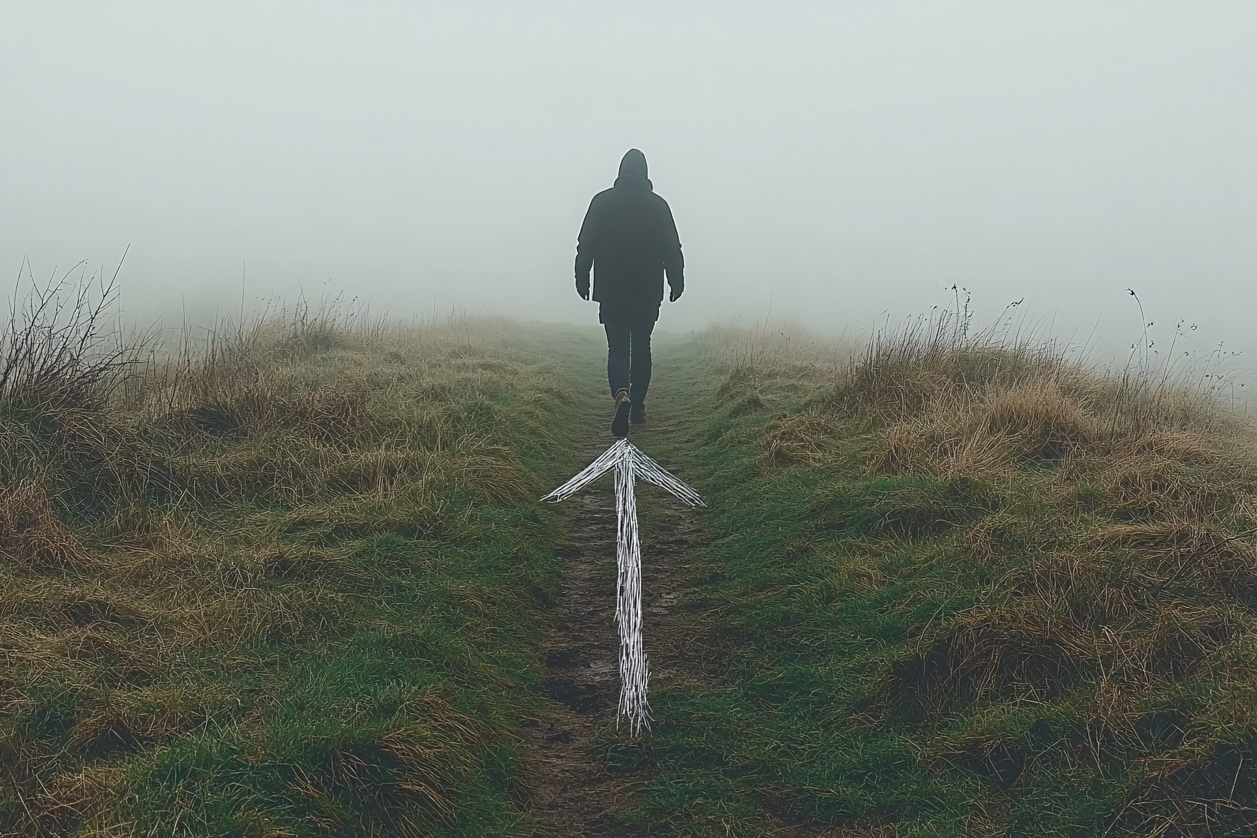 Man Walking on Path with Arrow in Fog