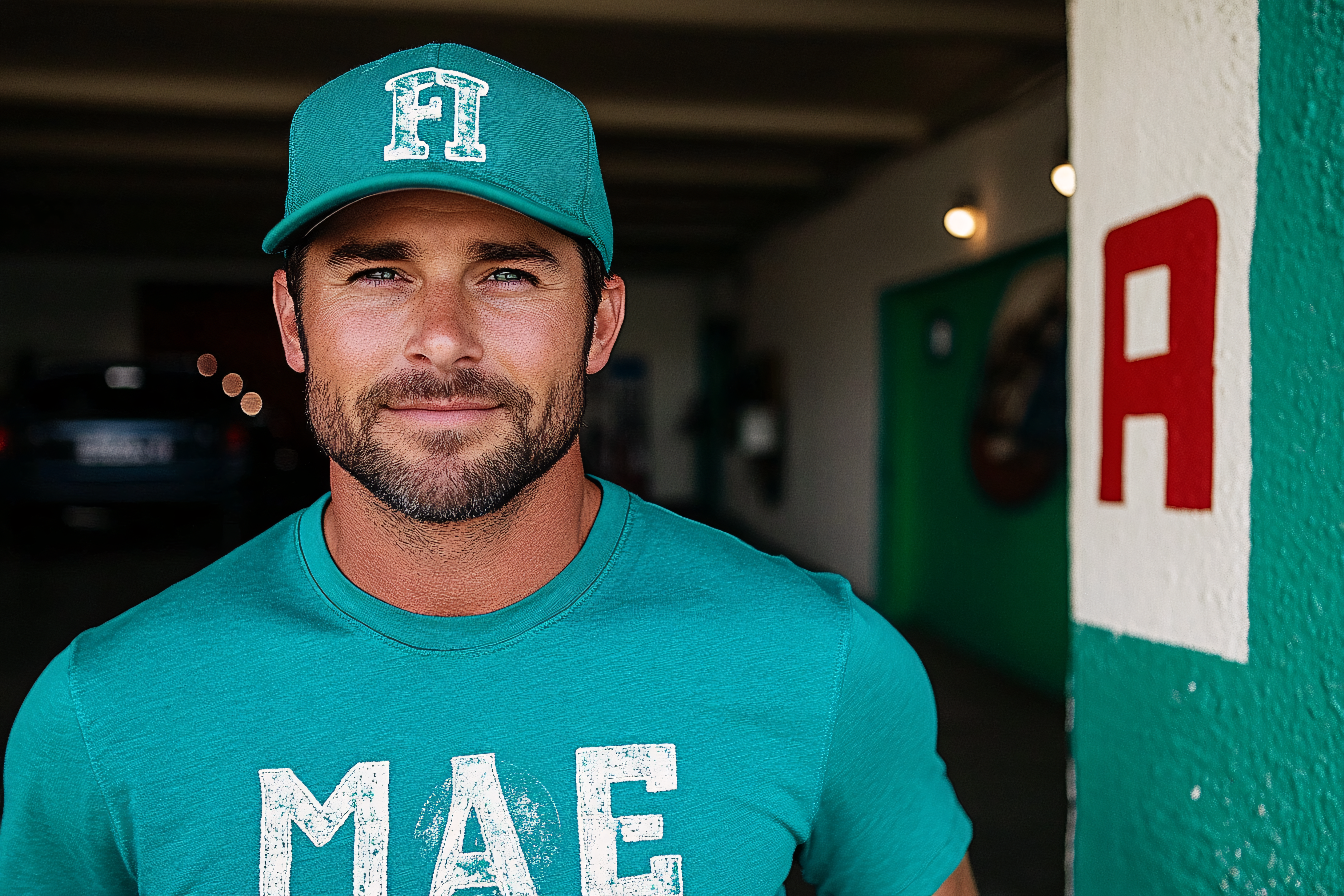 Man Wearing Teal Cap and Shirt