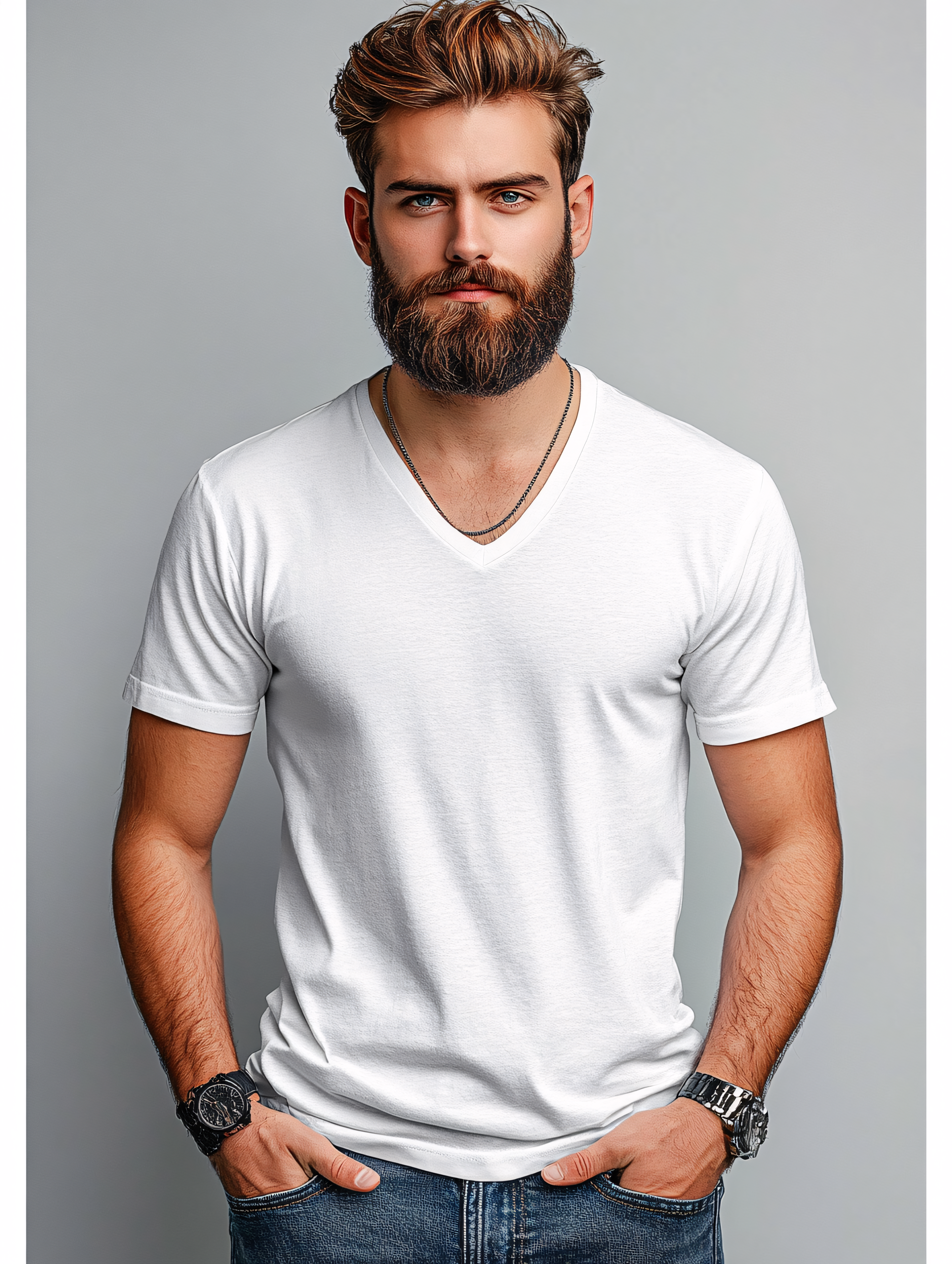 Man With Beard Wearing White V-Neck T-Shirt