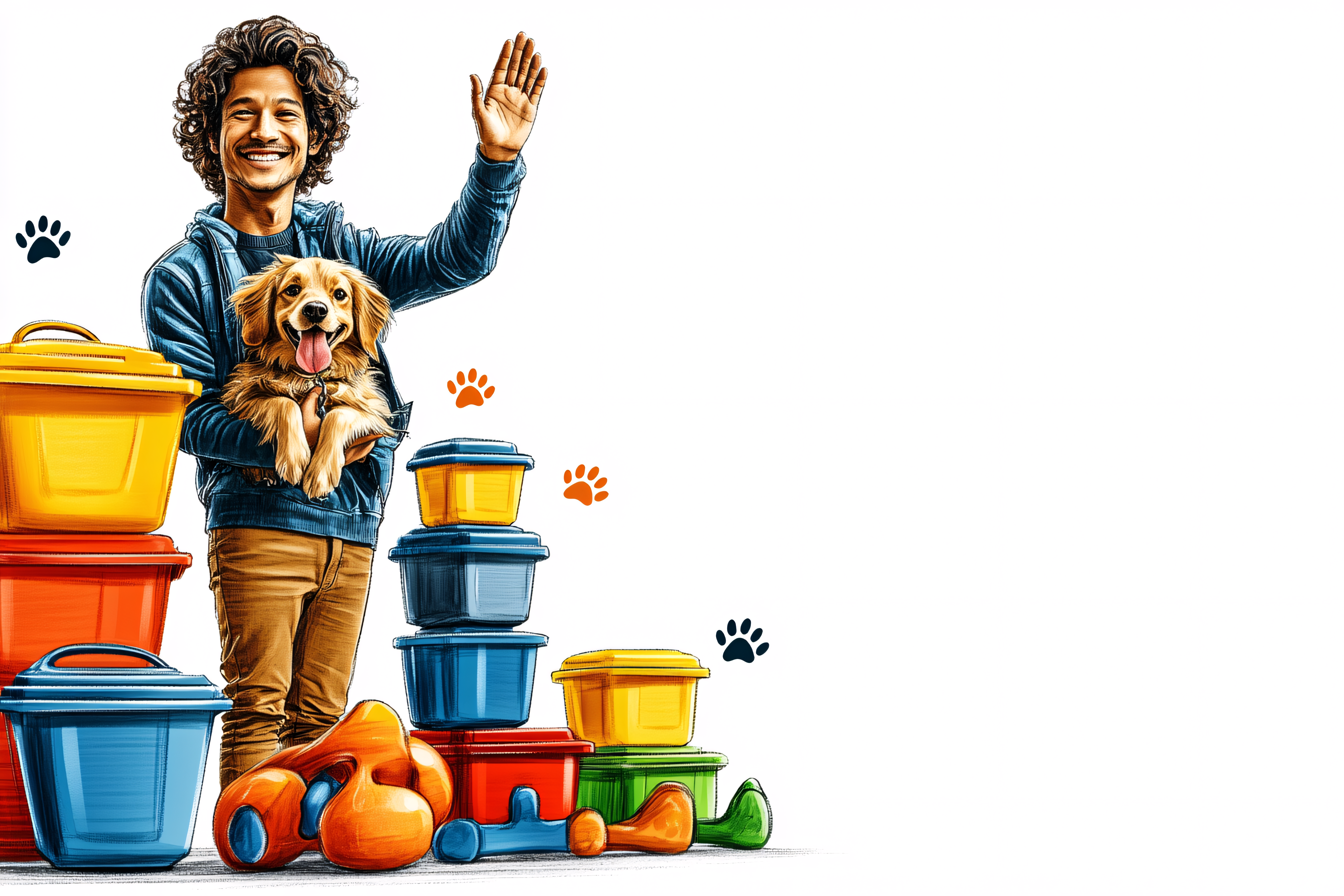 Man with Dog and Colorful Containers