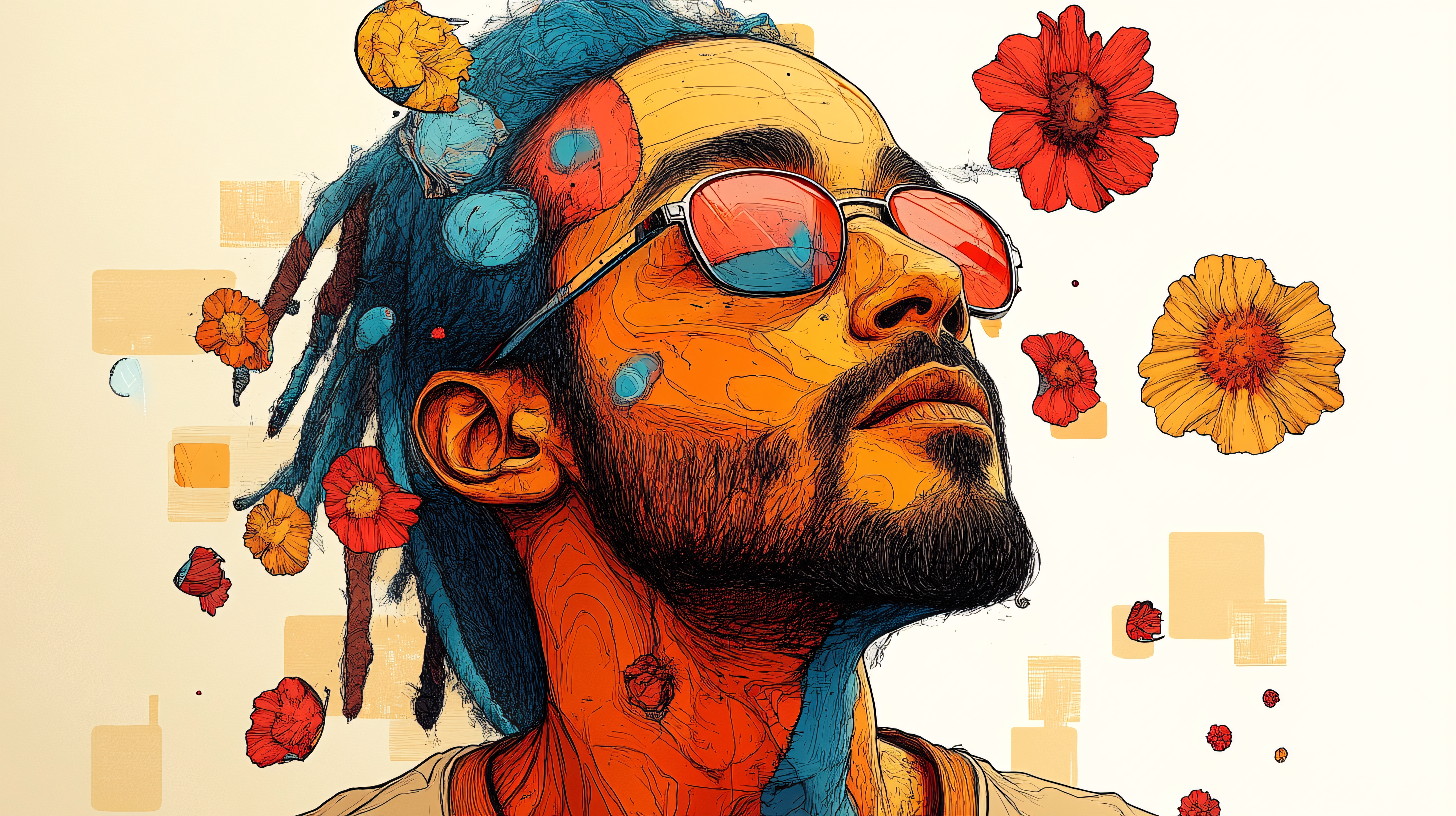 Man With Dreadlocks And Flowers Looking Upward