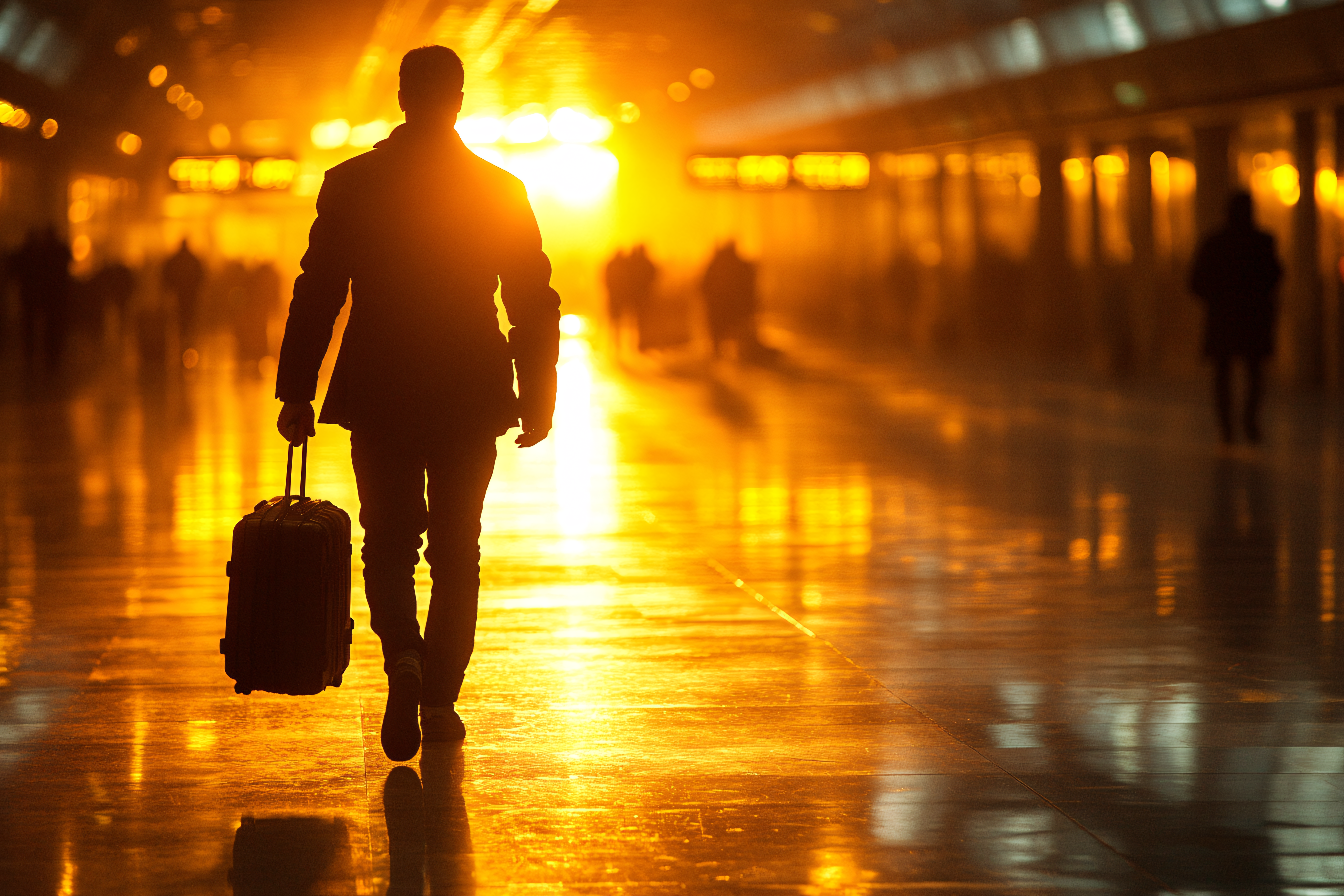Man with Suitcase Walking Towards Bright Light