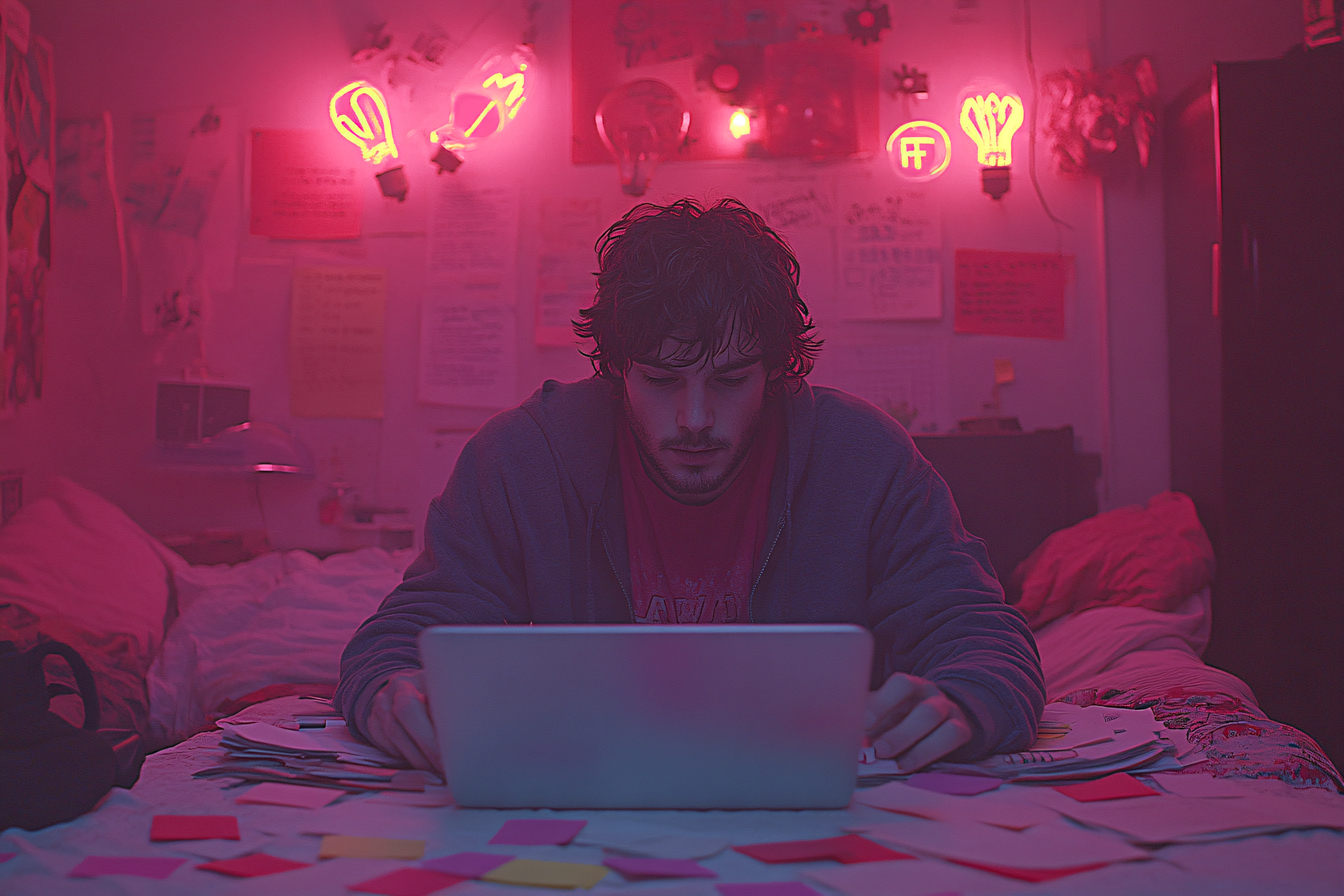 Man Working Late at Night with Neon Lights