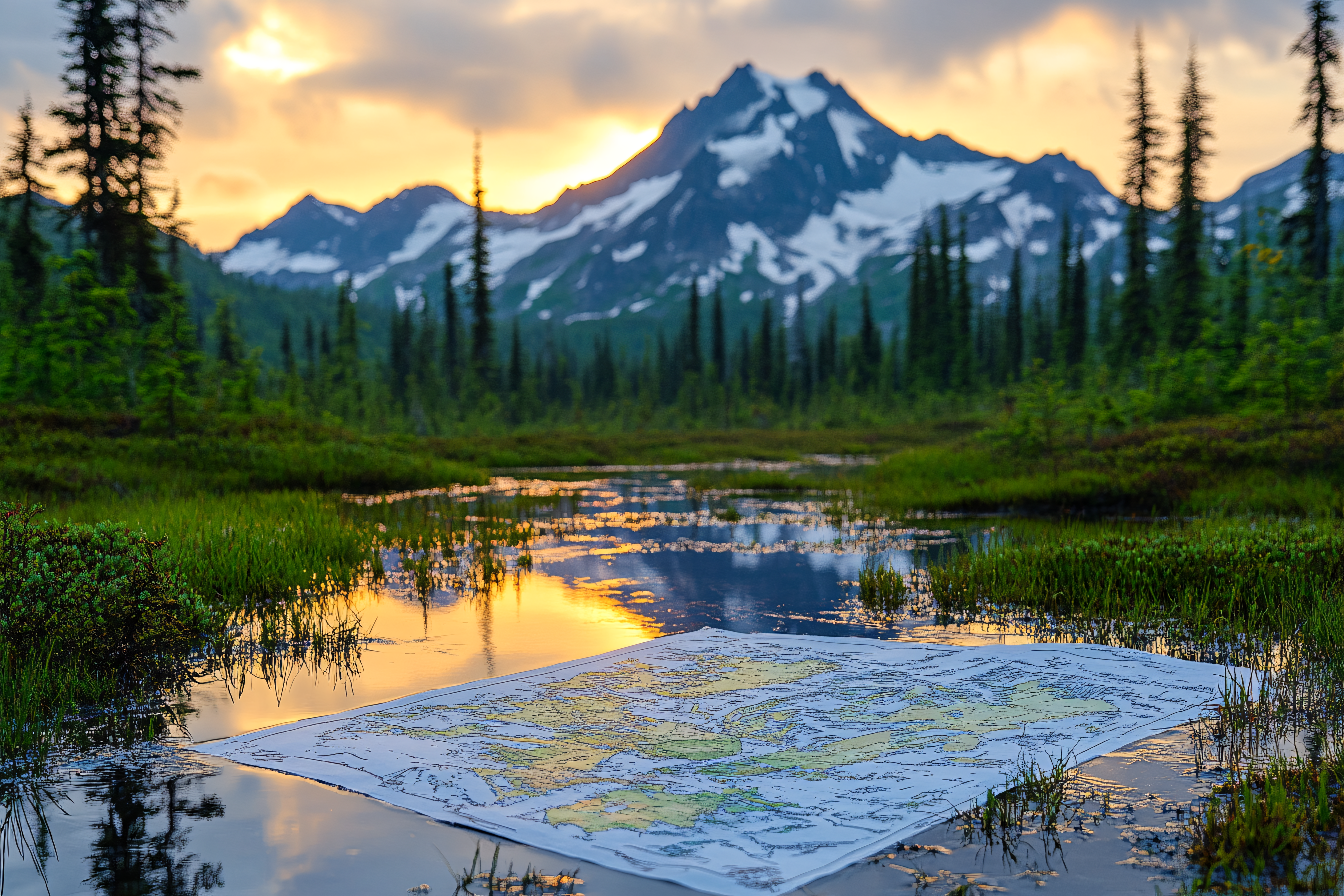 Map in Mountain Lake at Sunset