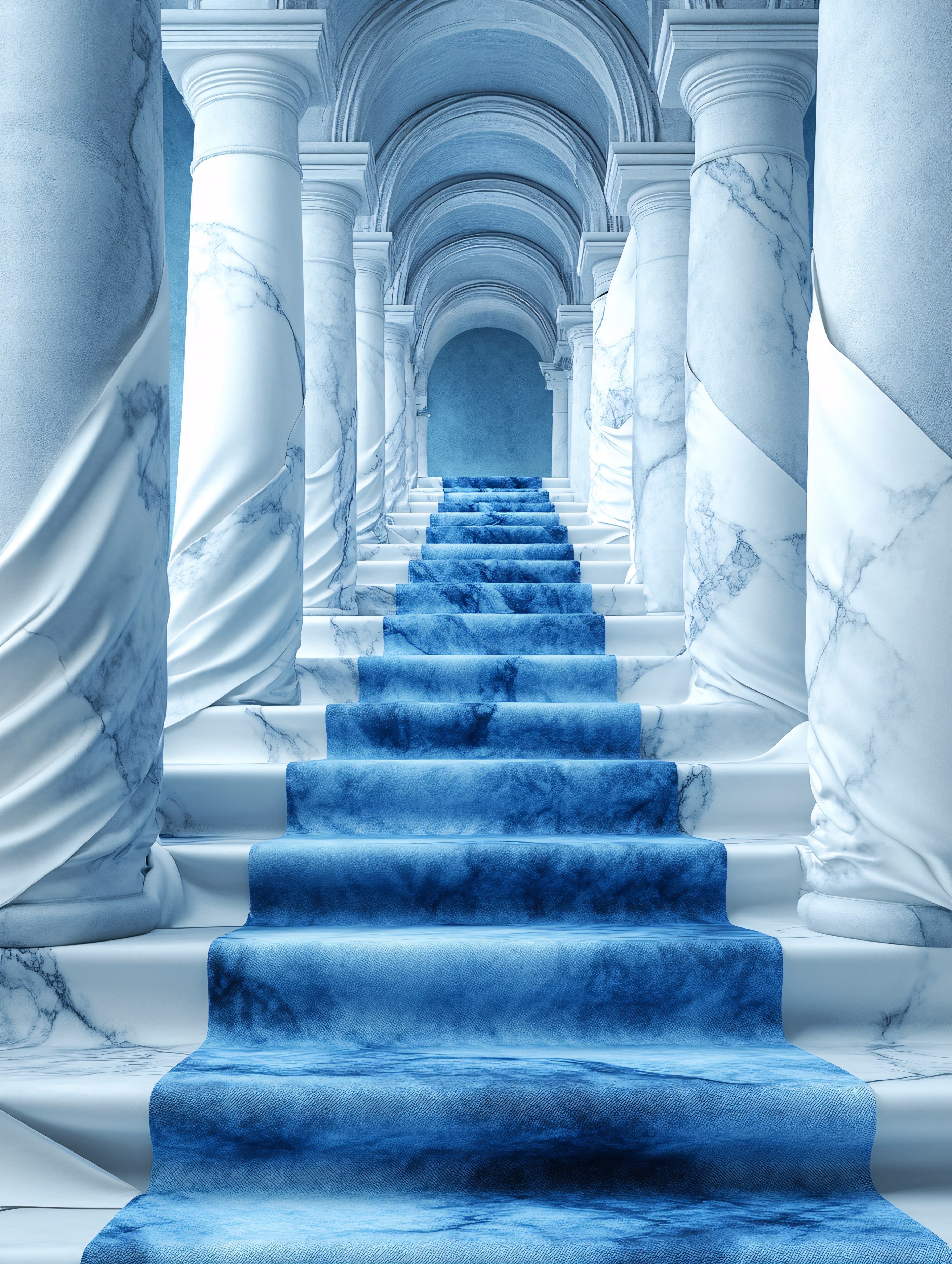 Marble Column Corridor with Blue Carpet