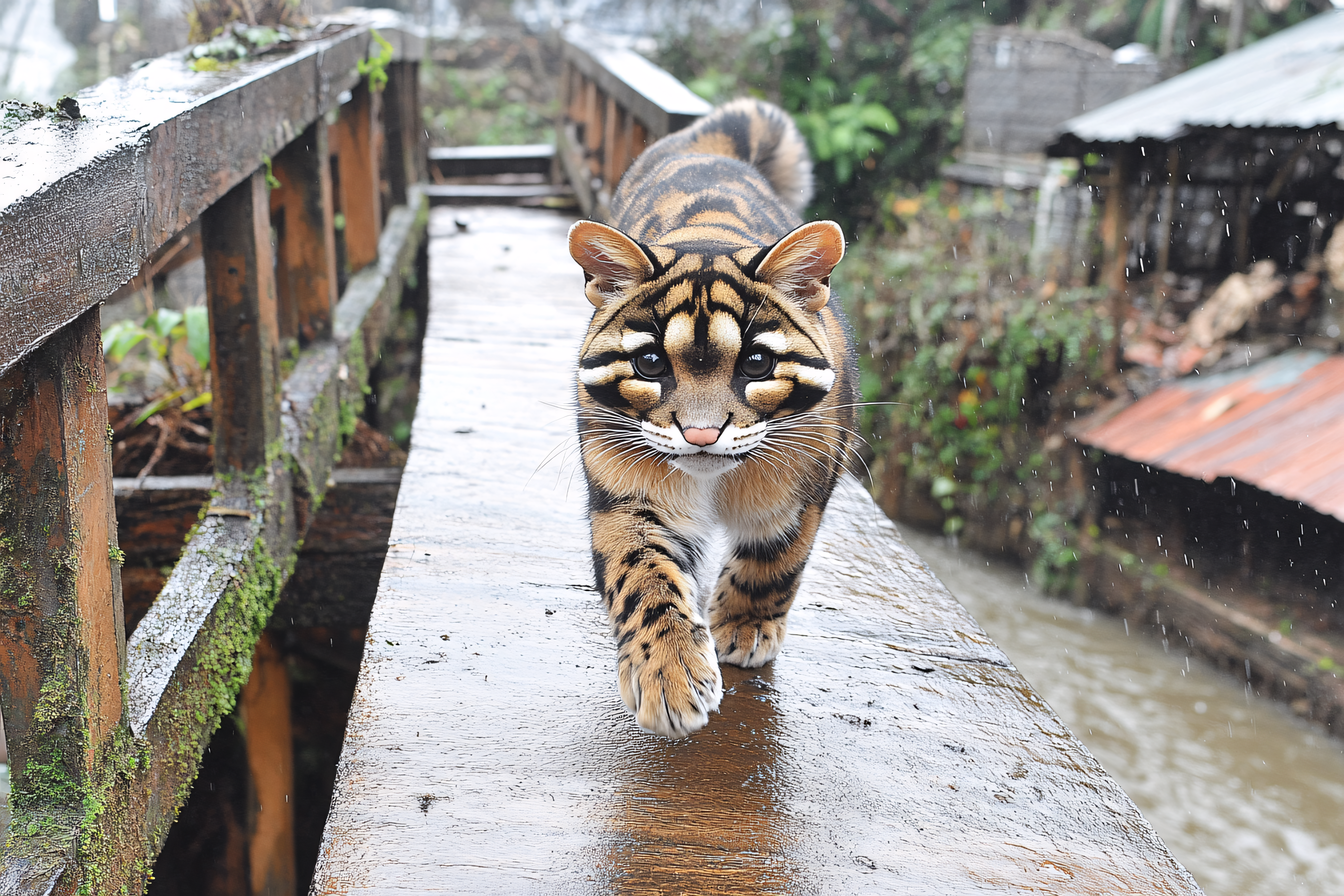 Margay Cat Walking on Wooden Bridge