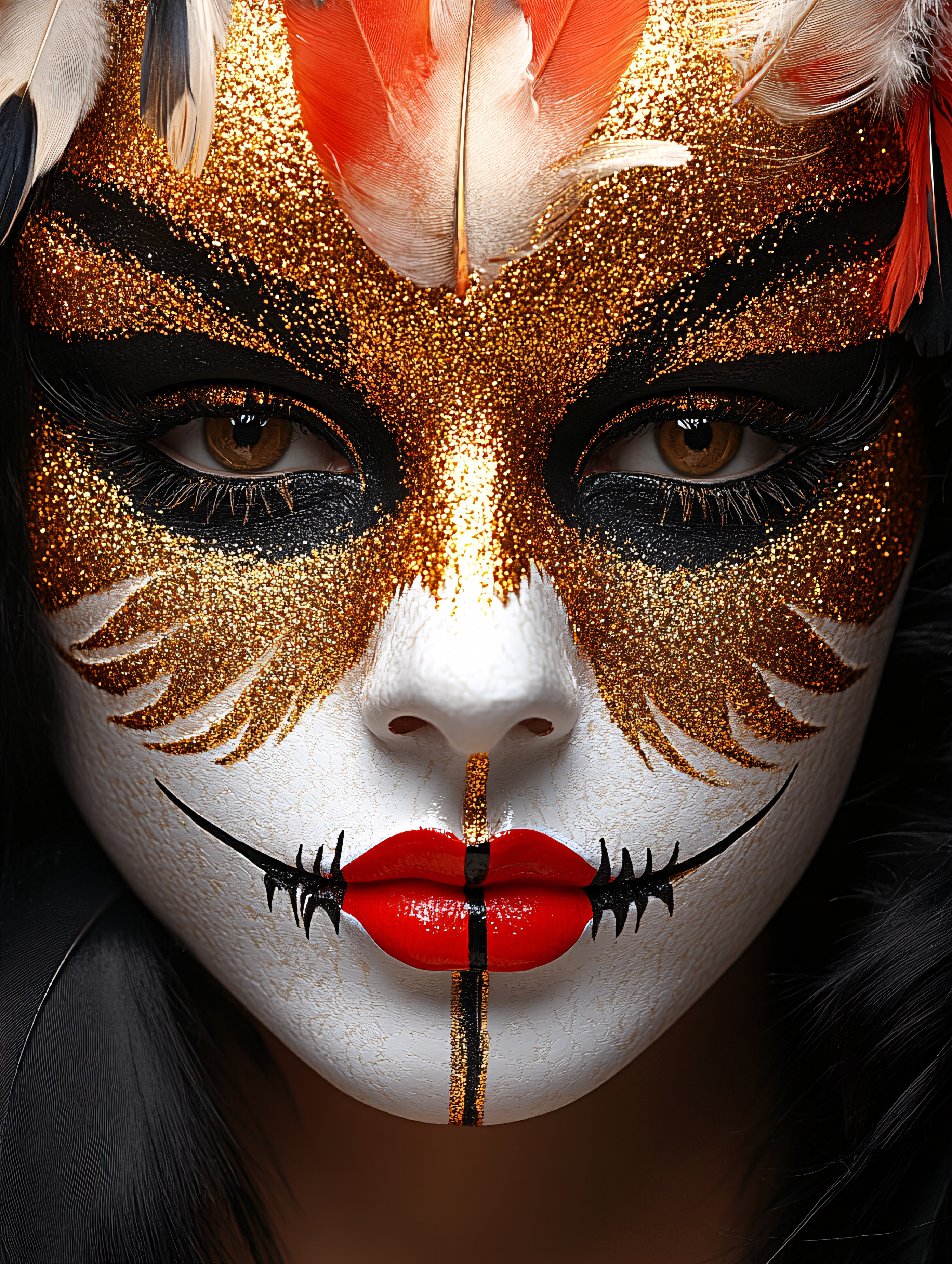 Masked Face With Golden Glitter Makeup