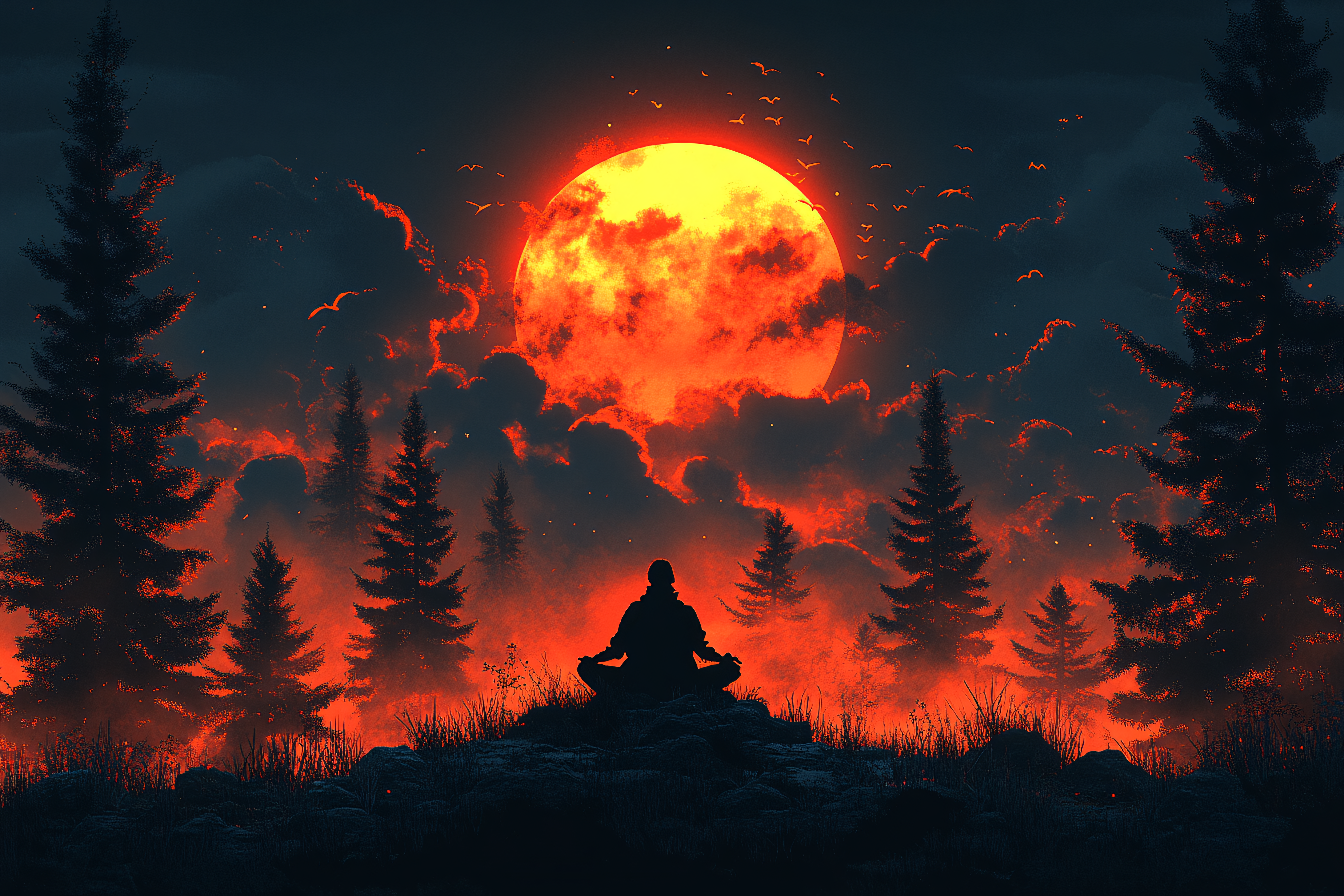 Meditative Silhouette Under a Fiery Sky