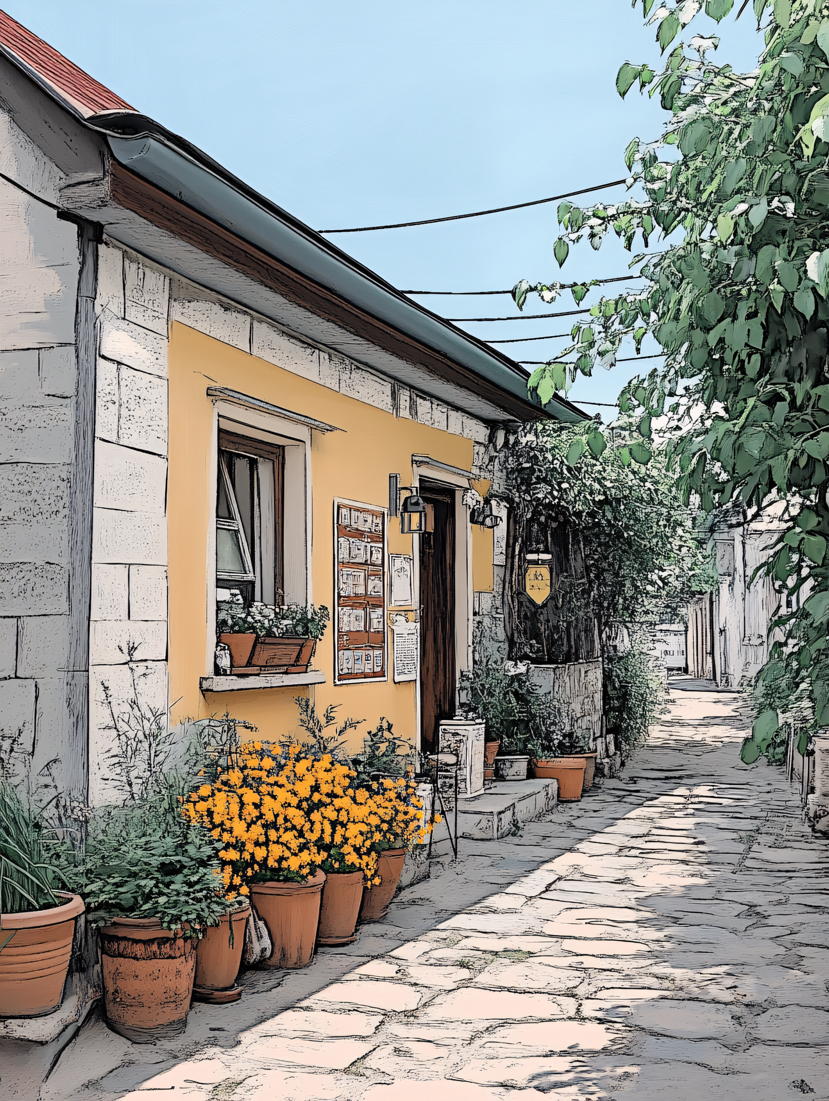 Mediterranean Street with Yellow Building and Flowers
