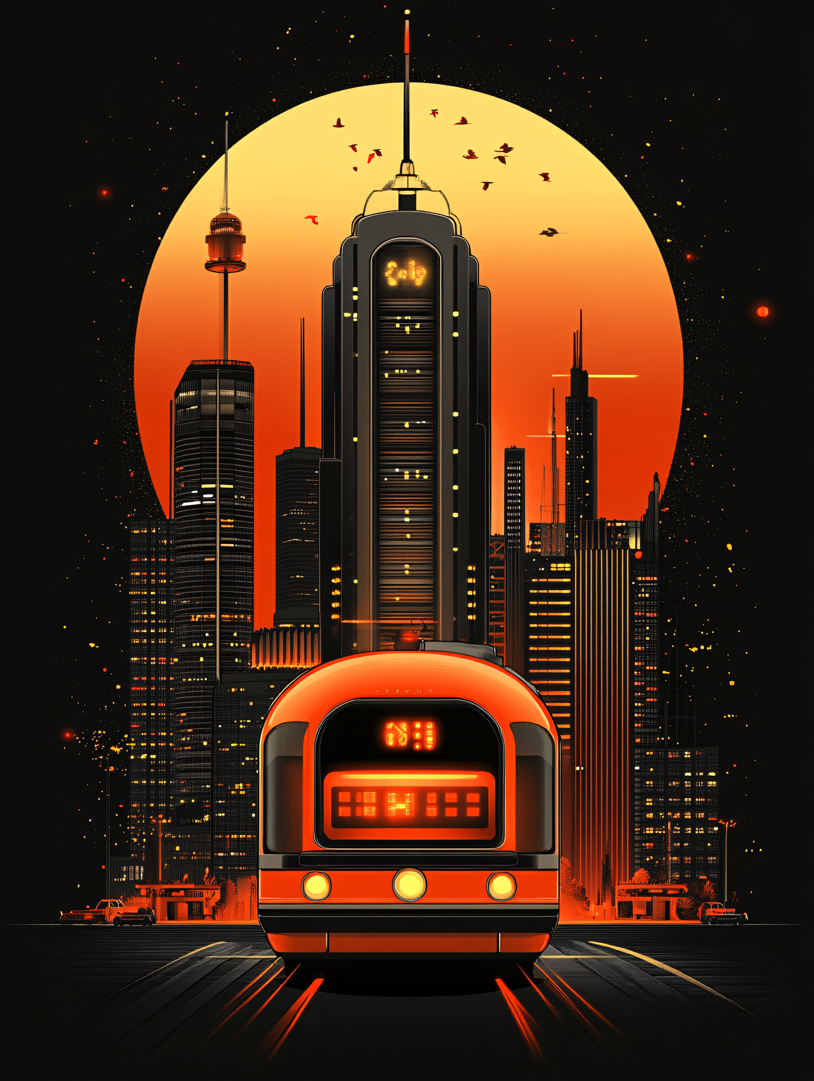 Metropolis at Night with Retro Train