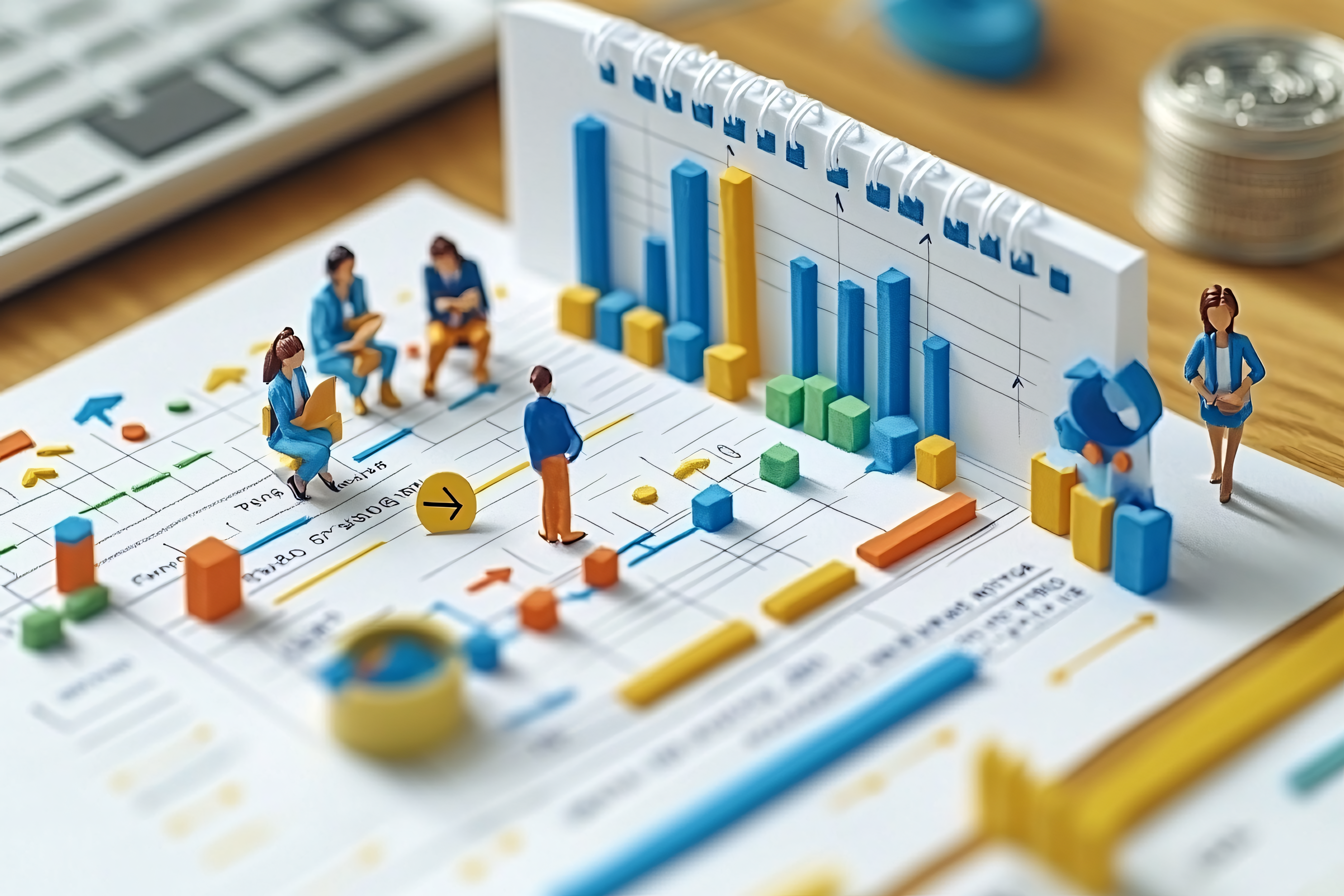 Miniature People Analyzing Financial Data