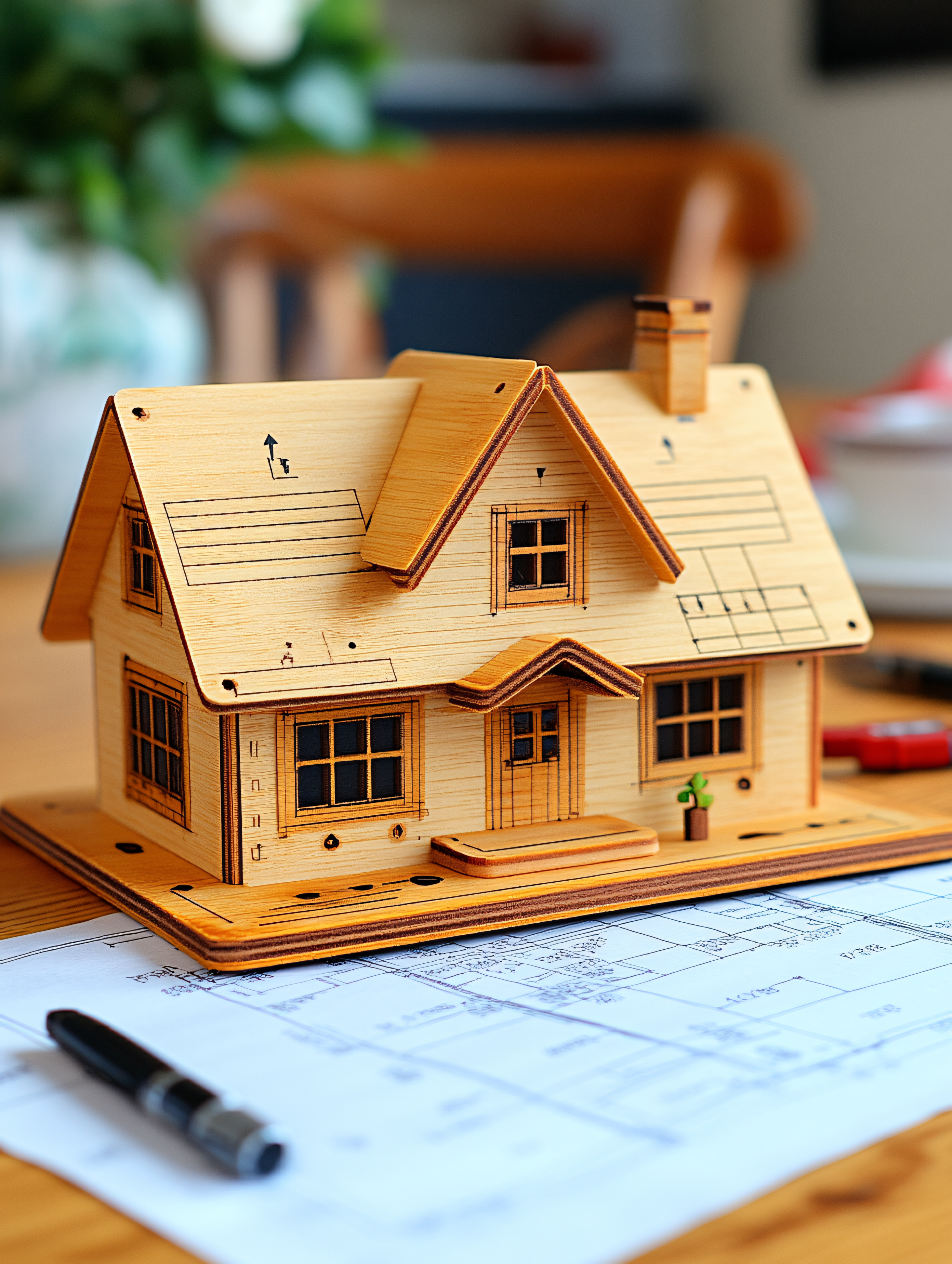 Miniature Wooden House Model on Blueprints