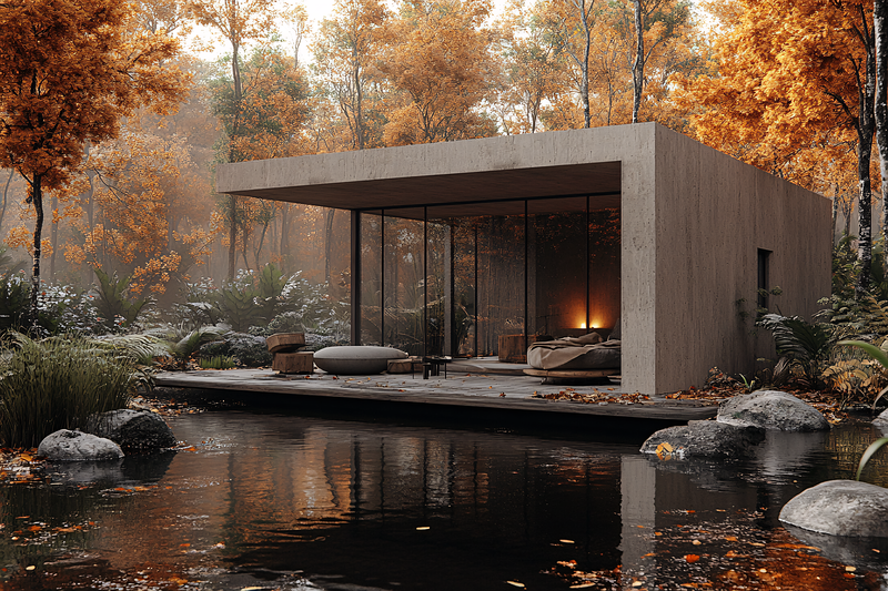 Minimalist Cabin in Autumn Forest