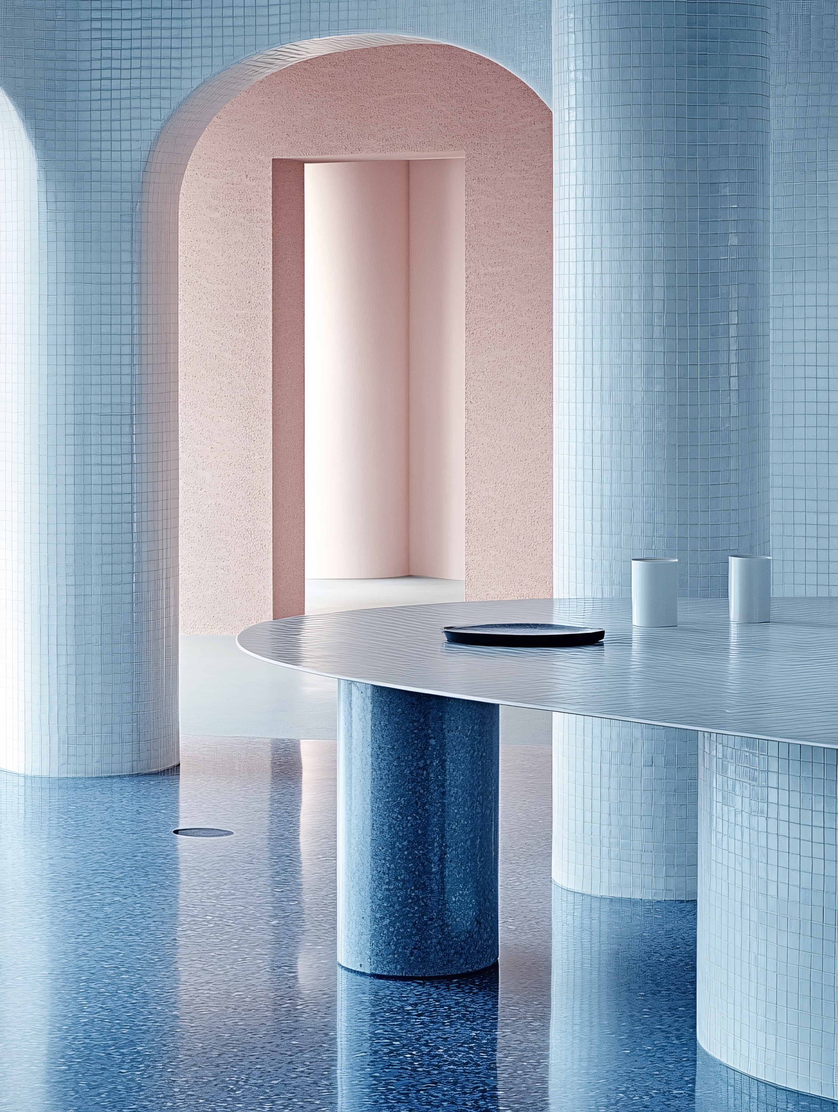 Minimalist Interior With Blue Mosaic Tiles and Pink Archways