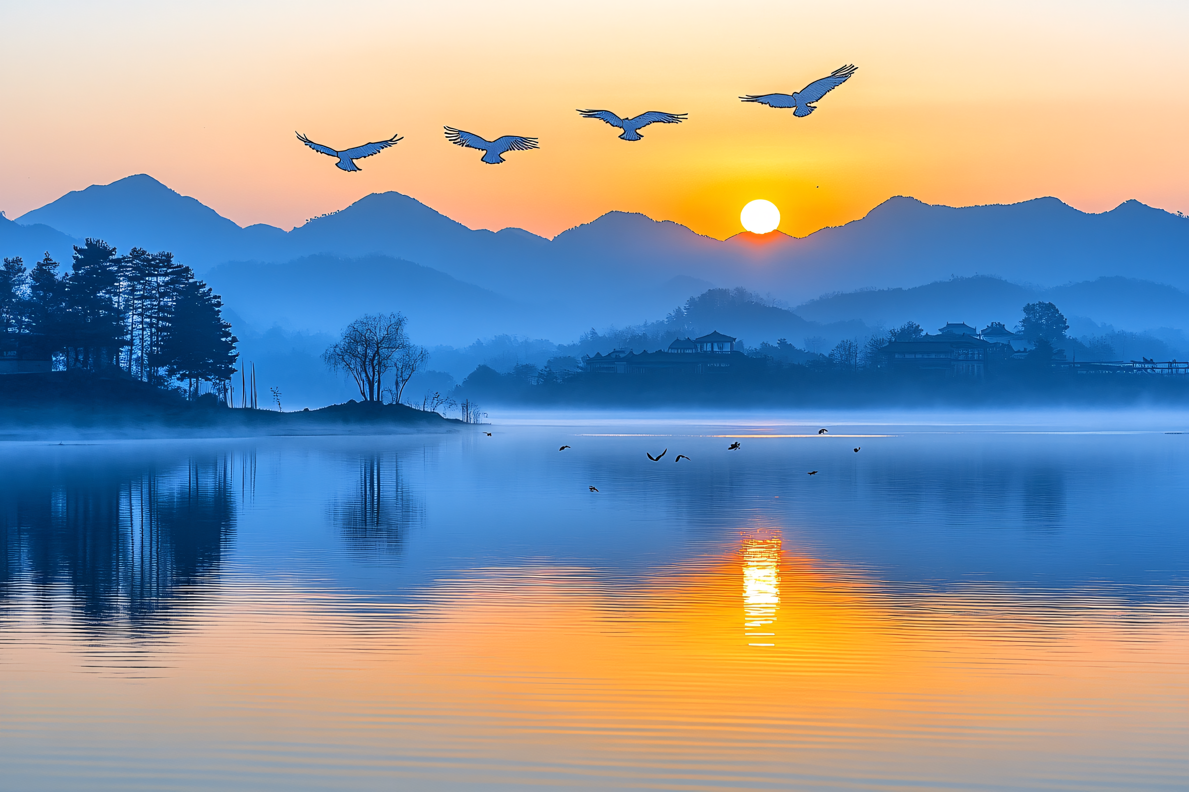 Misty Lake Sunrise with Birds