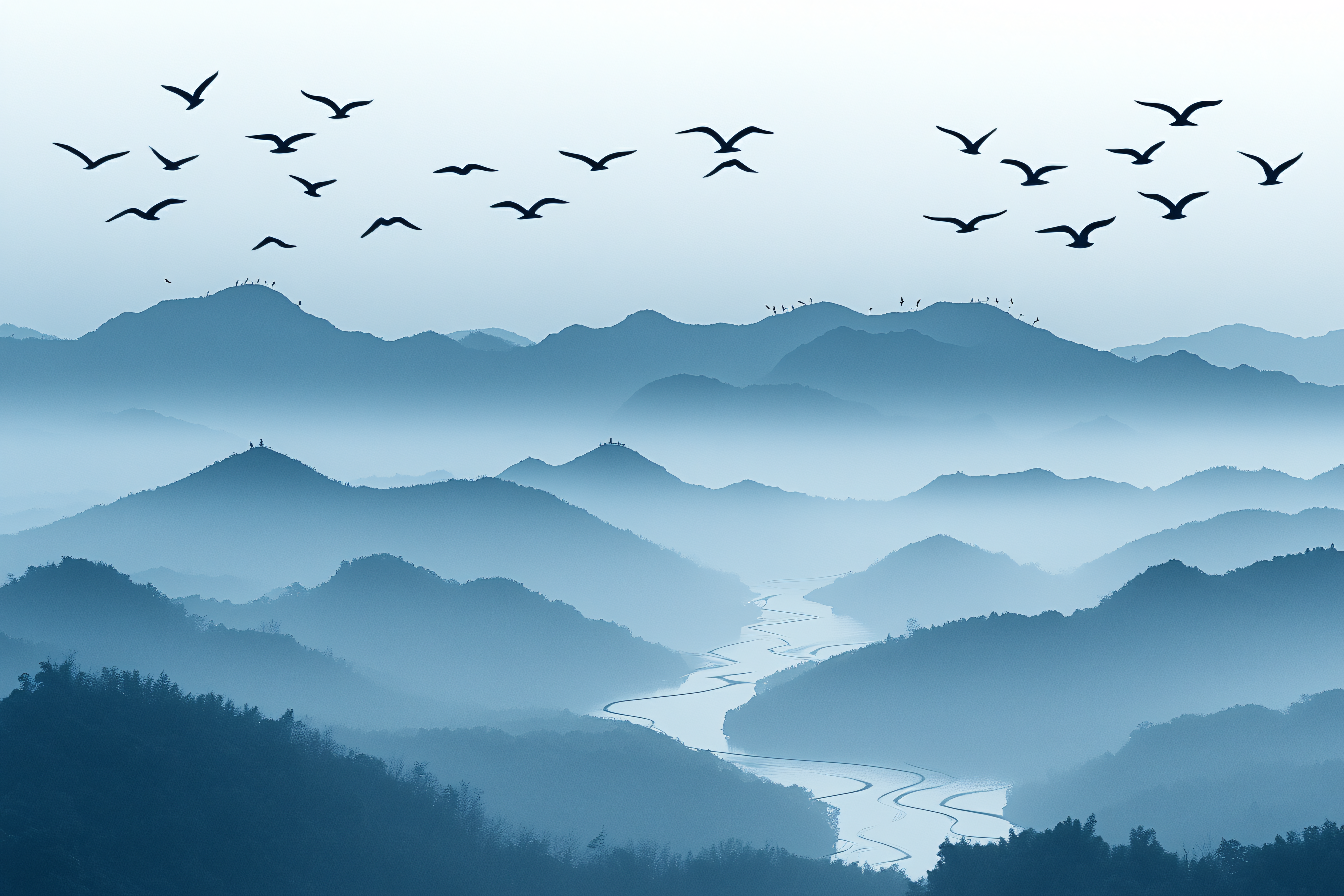 Misty Mountain Landscape With Birds