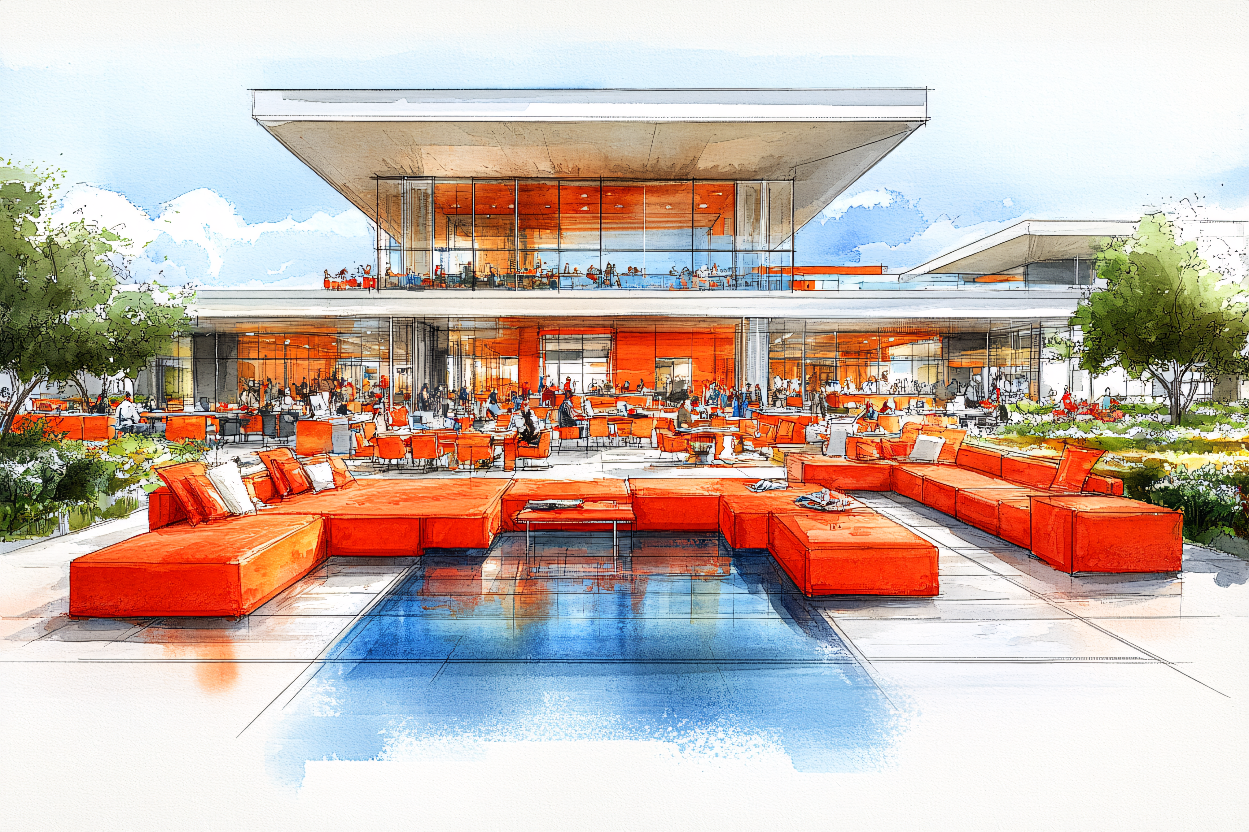 Modern Building Exterior With Orange Seating Area