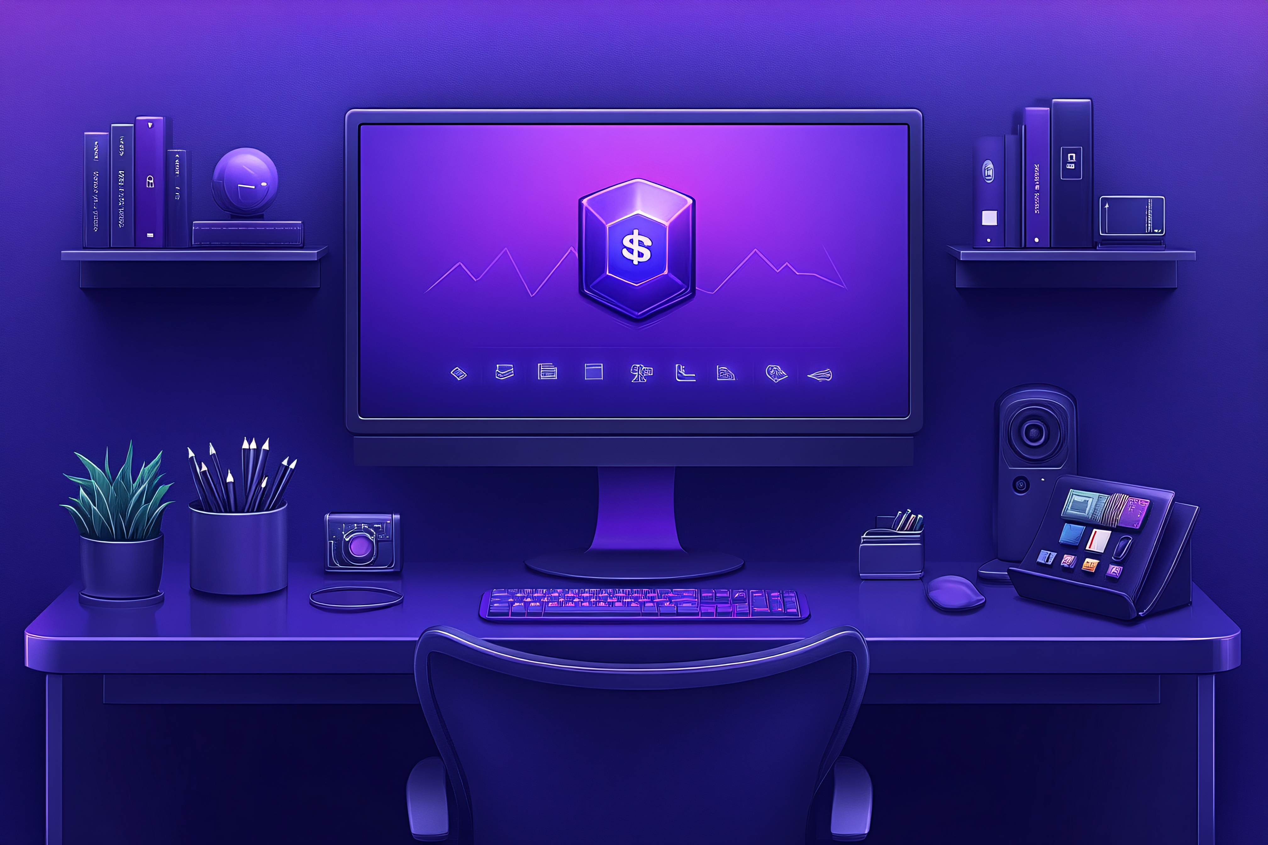 Modern Desk Setup With Cryptocurrency Icon